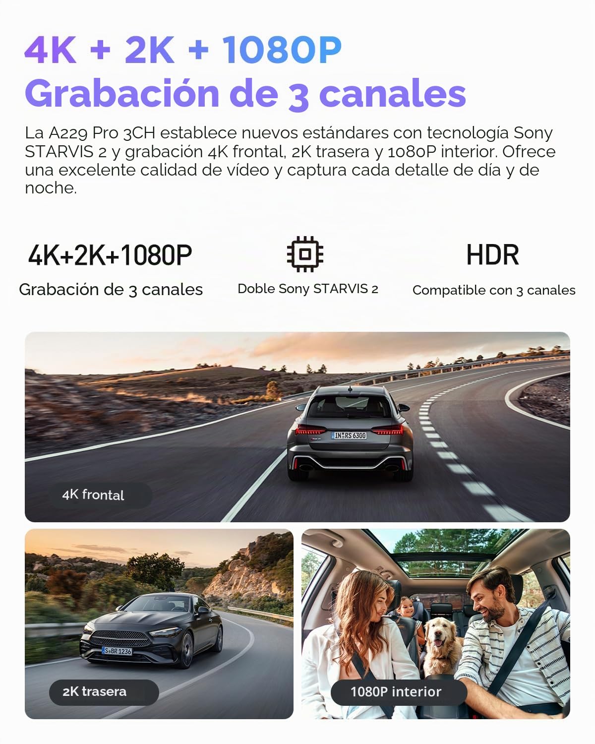 VIOFO A229 Pro 3 Lens 4K + 2K + 1080P, Dual STARVIS 2, HDR delantero trasero interior Dashcam coche, control de voz y cámara de coche Wi-Fi de 5 GHz, GPS ultrapreciso, visión nocturna 2.0, salida de