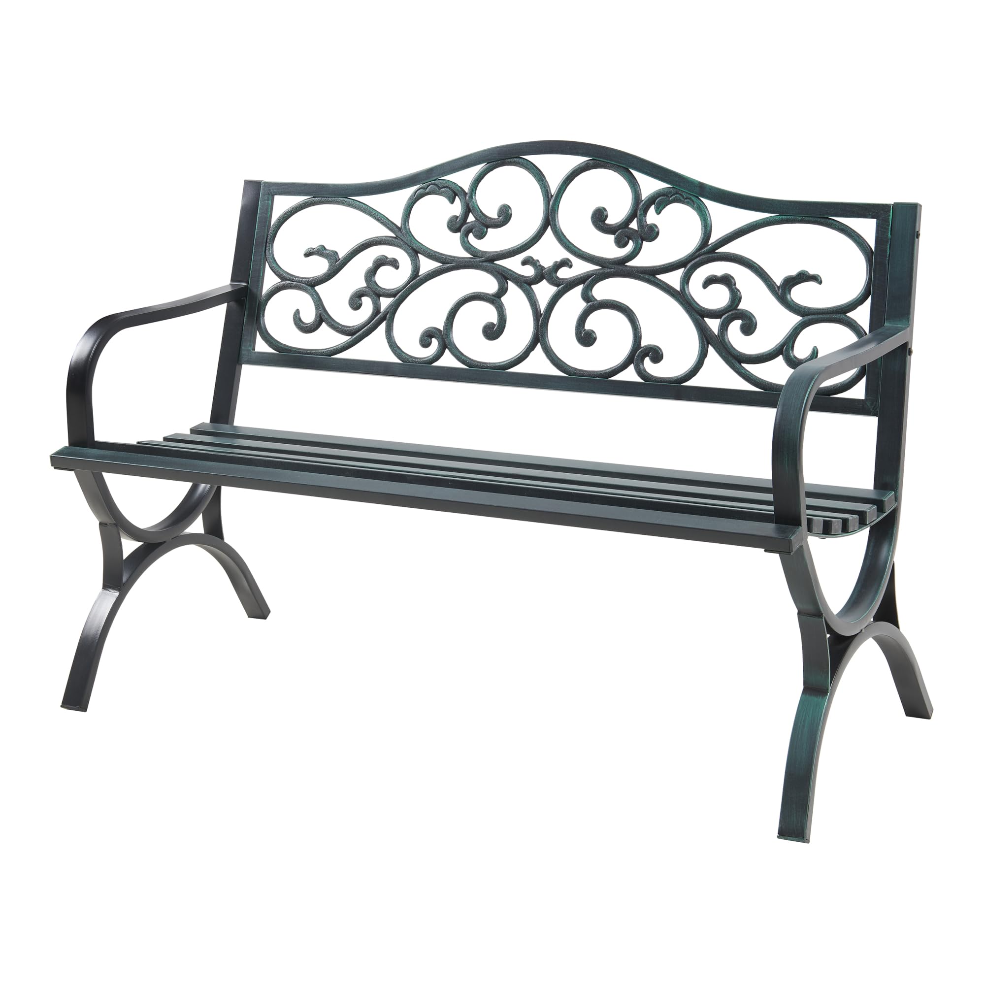casa.pro Banco de Jardín Exterior Utav Resistente Sofá de 3 Plazas con Respaldo y Reposabrazos Diseño Vintage para Terraza Patio máx. 300 kg Acero 127 x 53 x 79 cm - Gris Oscuro con Pátina Verde