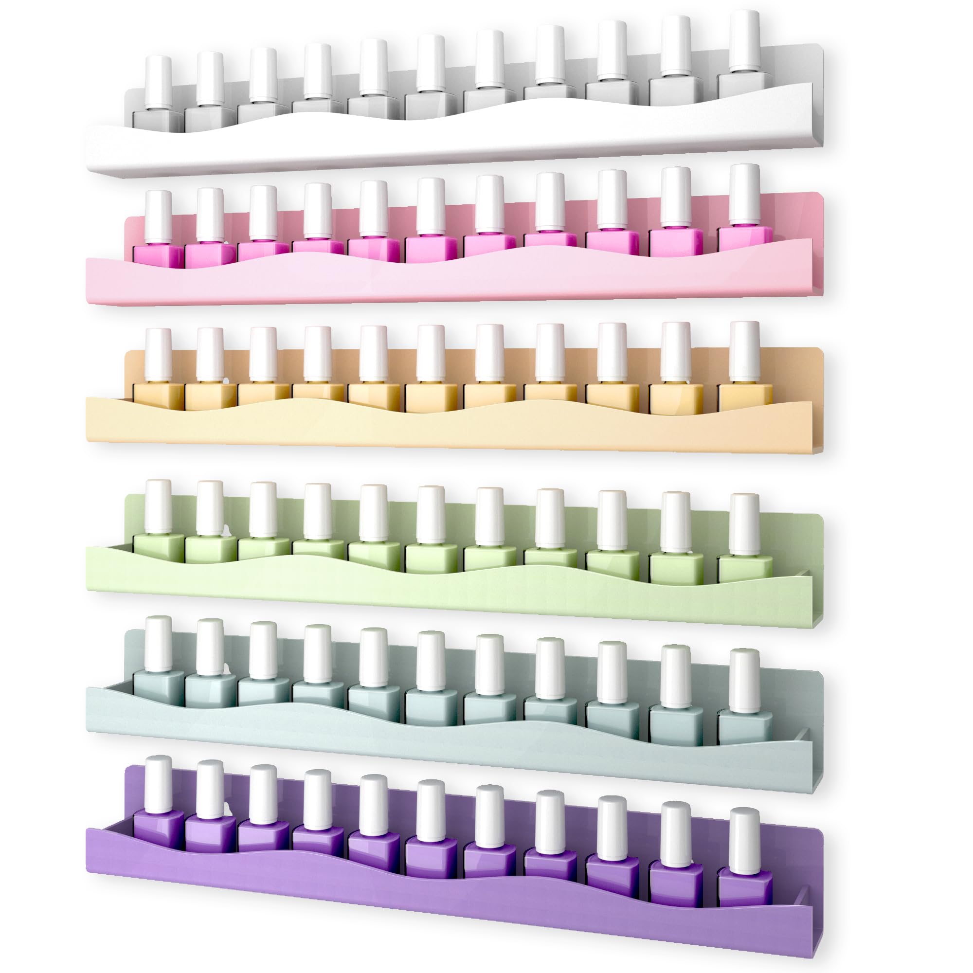 YMVV 6 Colors Nail Polish Wall Mounted Shelf,15 Inch Nail Polish Floating Shelves for 66-90 Bottles Multi-Purpose,Ideal Gift, Great Display for Salons Retailers,6 pack