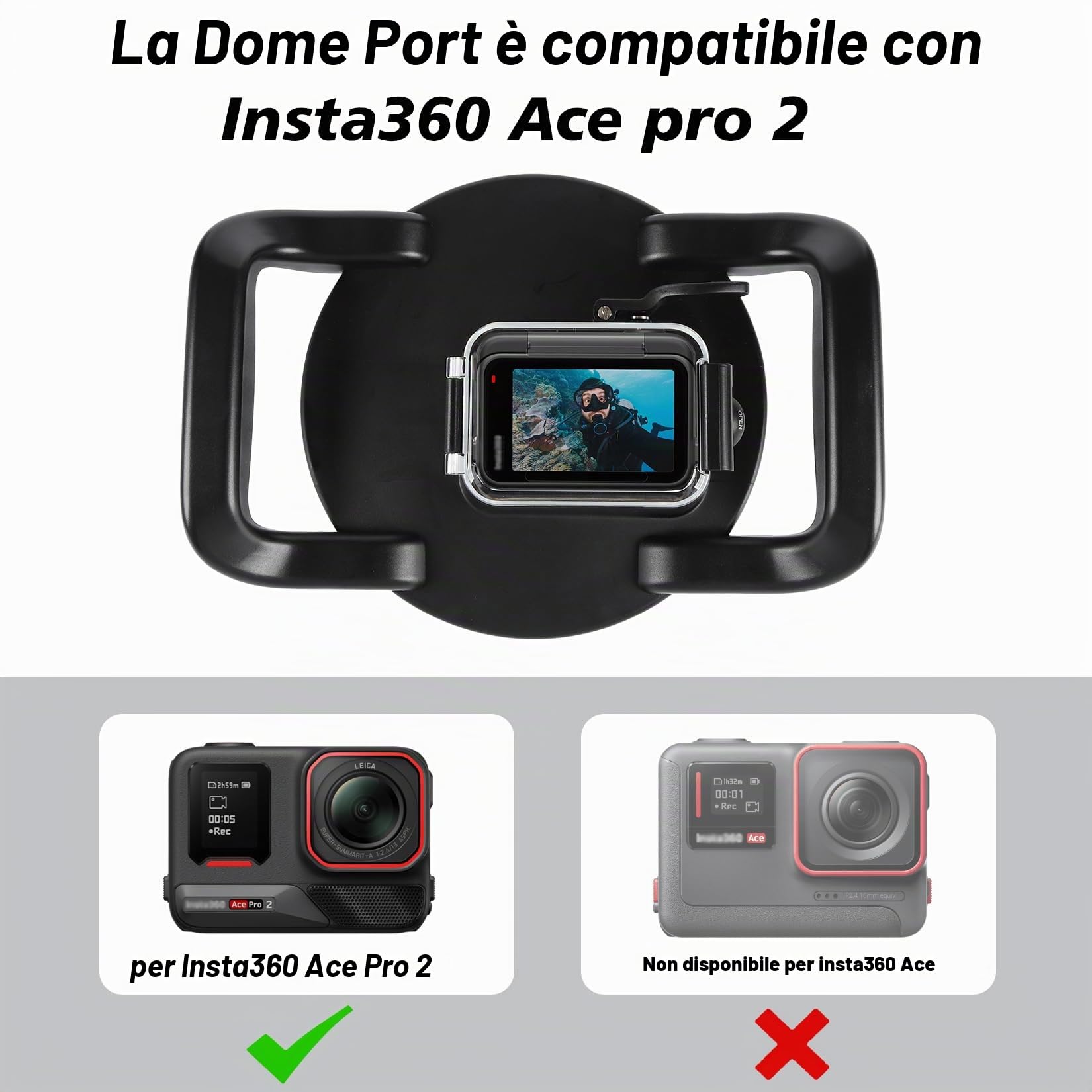 Porta a cupola subacquea per Insta360 Ace Pro 2, obiettivo a cupola per fotocamera, sistema di chiusura a portello ben progettato, impermeabile fino a 30 m, custodia impermeabile per immersioni