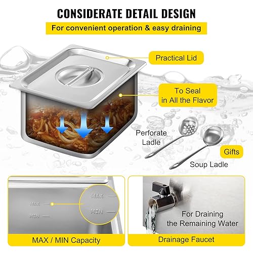 Miniatura 5 de VEVOR Calentador comercial de alimentos 6x16GN, 6 bandejas de acero inoxidable Bain Marie de capacidad de 12.6 cuartos de galón, mesa de vapor de