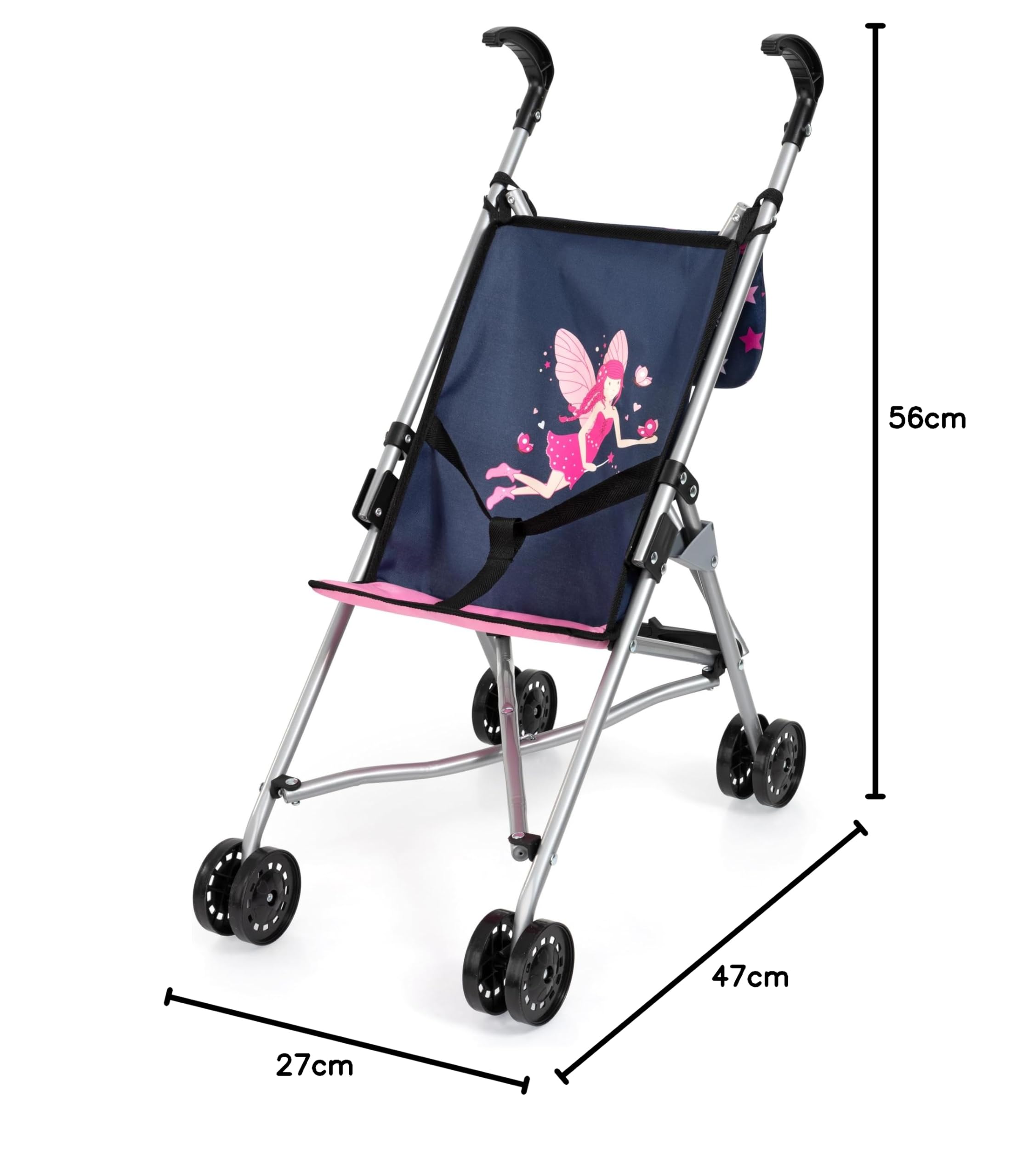 Bayer Design 30516AB Silla de Paseo para muñecas con Bolsa, Plegable, cinturón de Seguridad Integrado, Ruedas Dobles
