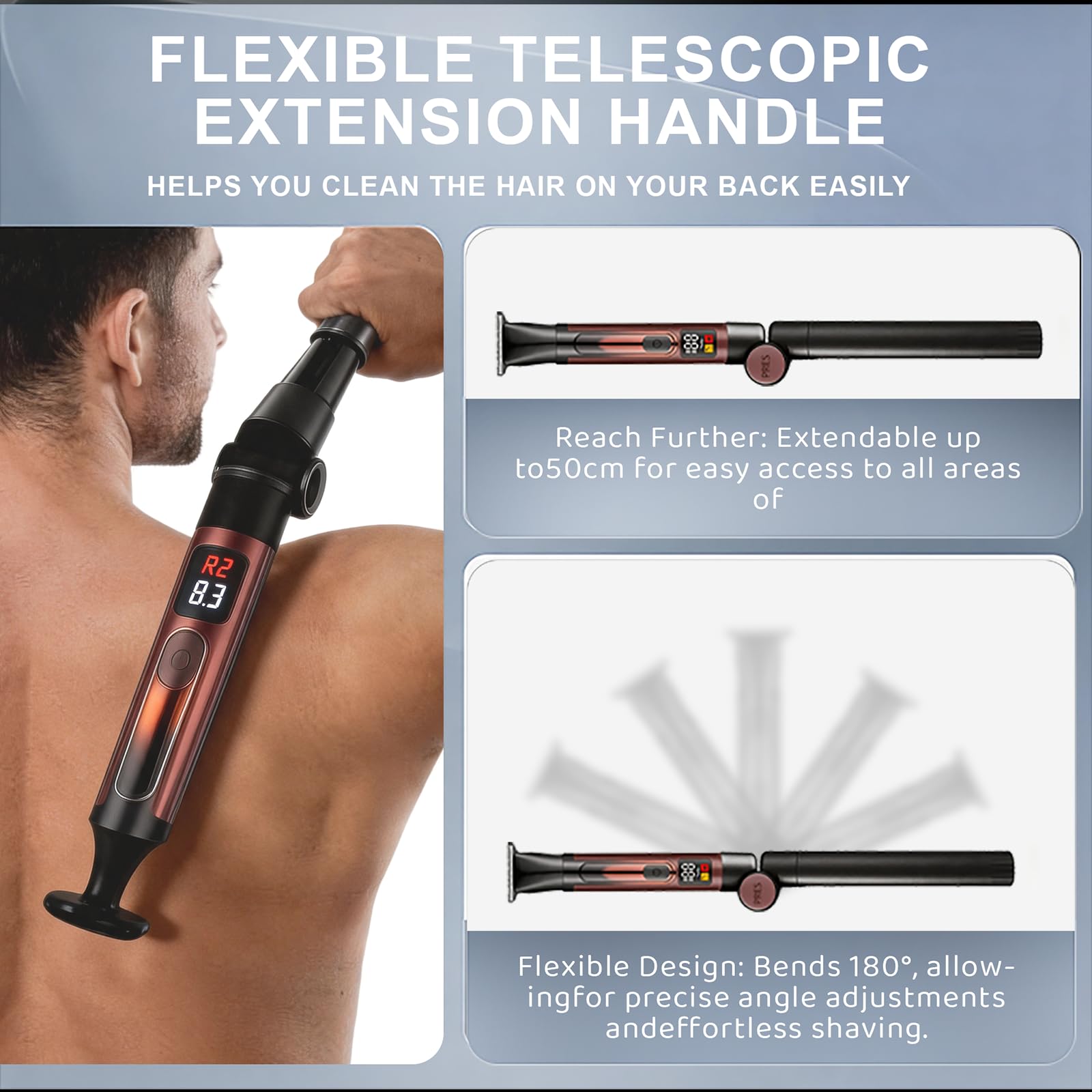 Rasoio per la schiena da uomo, kit elettrico per la toelettatura del corpo con manico di estensione regolabile, set di trimmer 4 in 1 (corpo, viso, naso, capelli), impermeabile IPX6, display a LED e