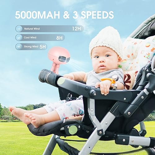 Miniatura 2 de Ventilador portátil de mano para cochecito, ventilador de batería de 5000 mAh, ventilador recargable mini USB de 3 velocidades, ventilador de clip