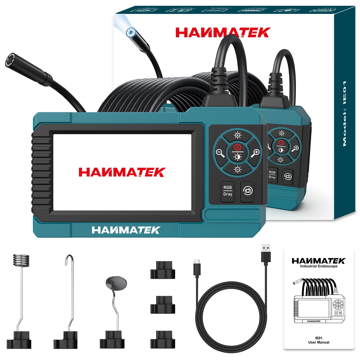HANMATEK Endoscopio Industriale, Sonda con Telecamera Endoscopica 8mm, Schermo TFT 4.3''1080P, Cavo 5m Impermeabile IP67, 8 LED Regolabili, Ricarica USB-C, Rotazione 180° - IE01