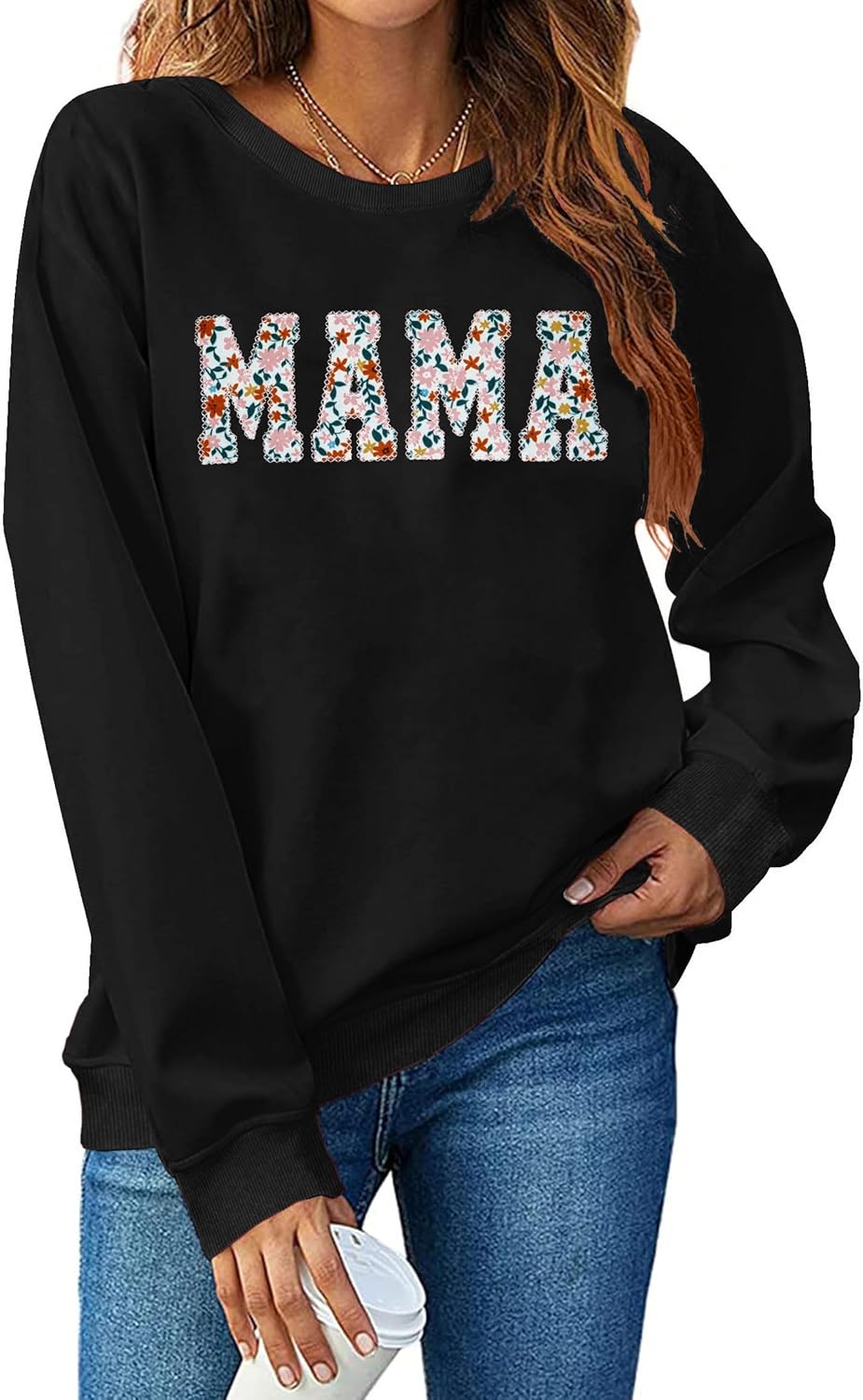 Mama Sweatshirts for Women Embroidered: Floral Mom Sweatshirt Funny Mama Letter Print Pullover Tops