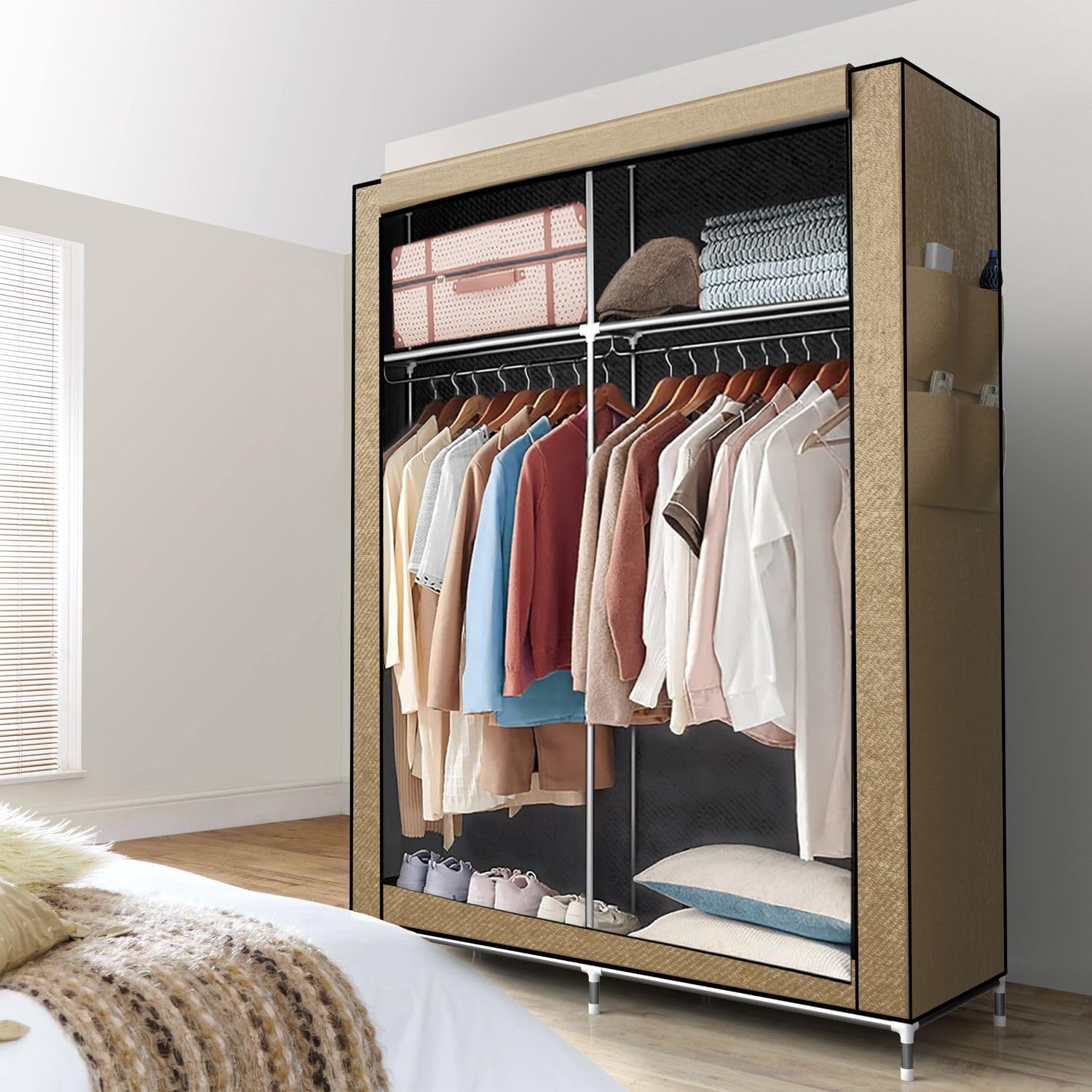 INTIRILIFE Armadio pieghevole 108x170x45 cm in CRÈME BEIGE - Armadio in tessuto con cerniera e asta appendiabiti, tasca laterale e scomparti - Ripiano a innesto, struttura in metallo