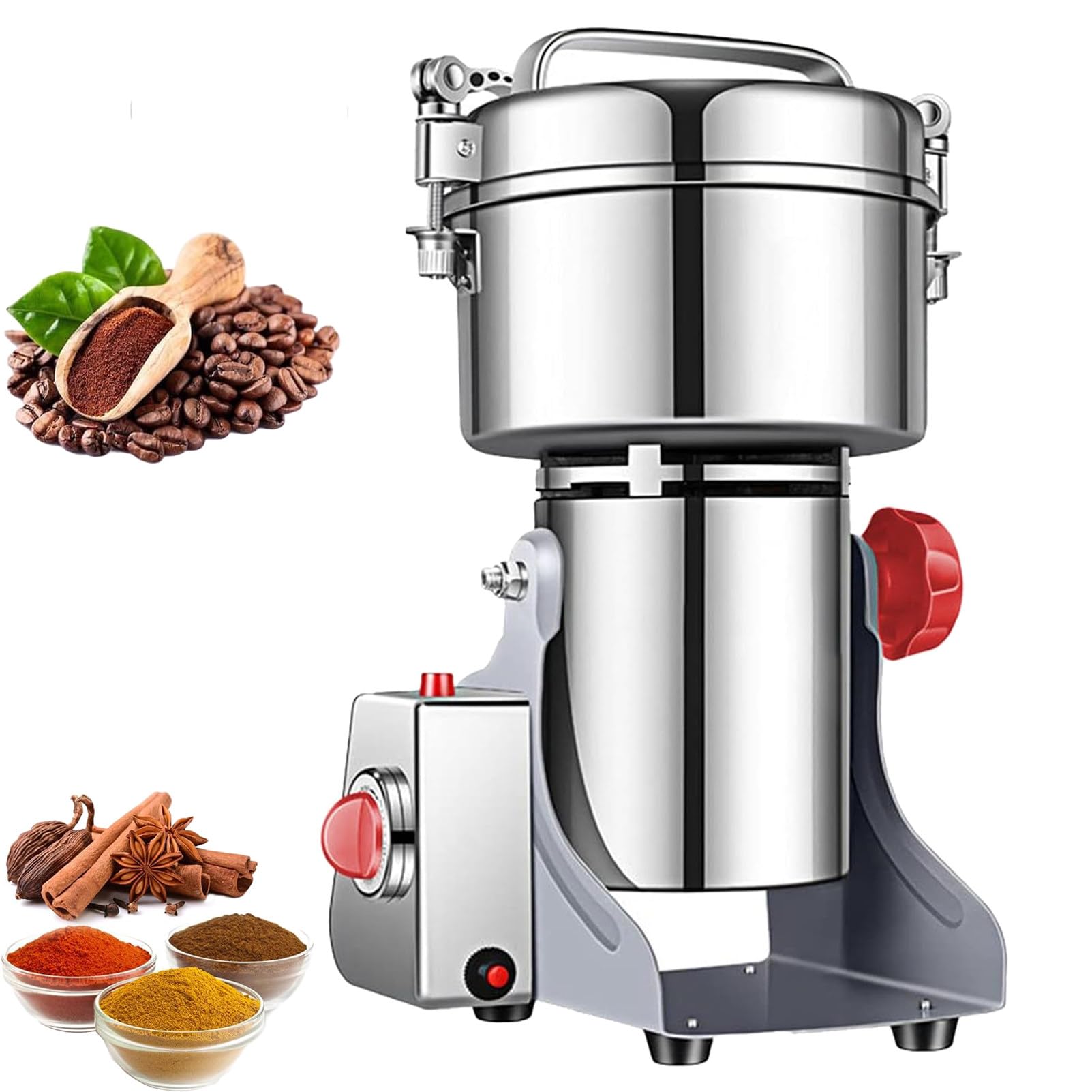 Pnpaea Electric Grain Grinder Spice Grain Mill Stainless Steel 30s 25000RPM High Speedy Grinding with Overload Protection 5min Timer Mill for Dry Spice Herbs Nut Coffee 430-2500g