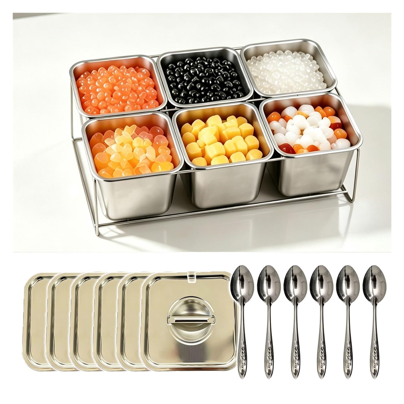 Tyzlup Condiment Serving Station for Cafe Drink Shop Prep Counter, Stainless Steel Salad Bar Container, Topping Bar for Restaurant Salad Fruit Vegetable Dressing Bar