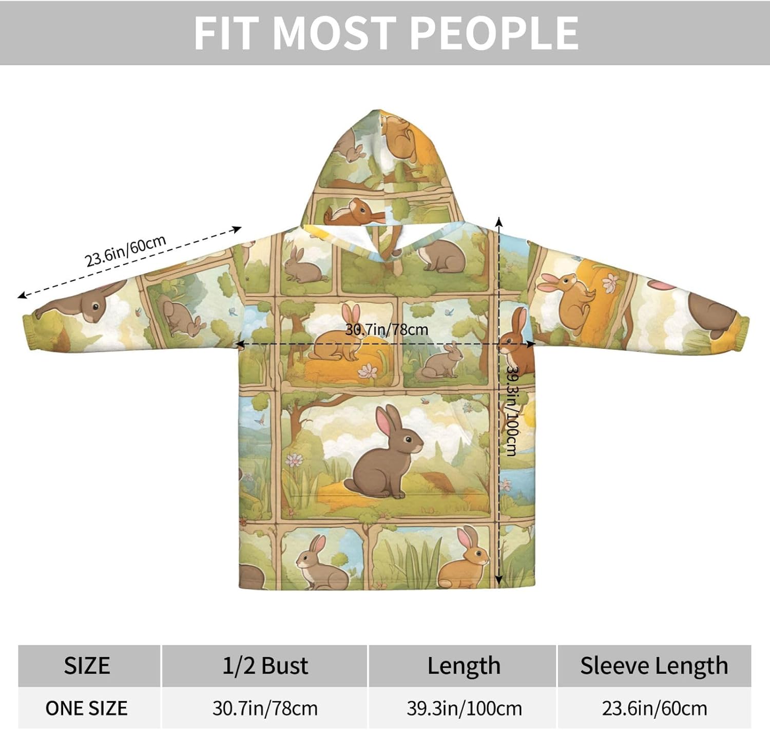 Cartoon Cute Animals Rabbit Print Cozy Oversized Blanket Hoodie Soft And Warm Wearable For Winter And Christmas