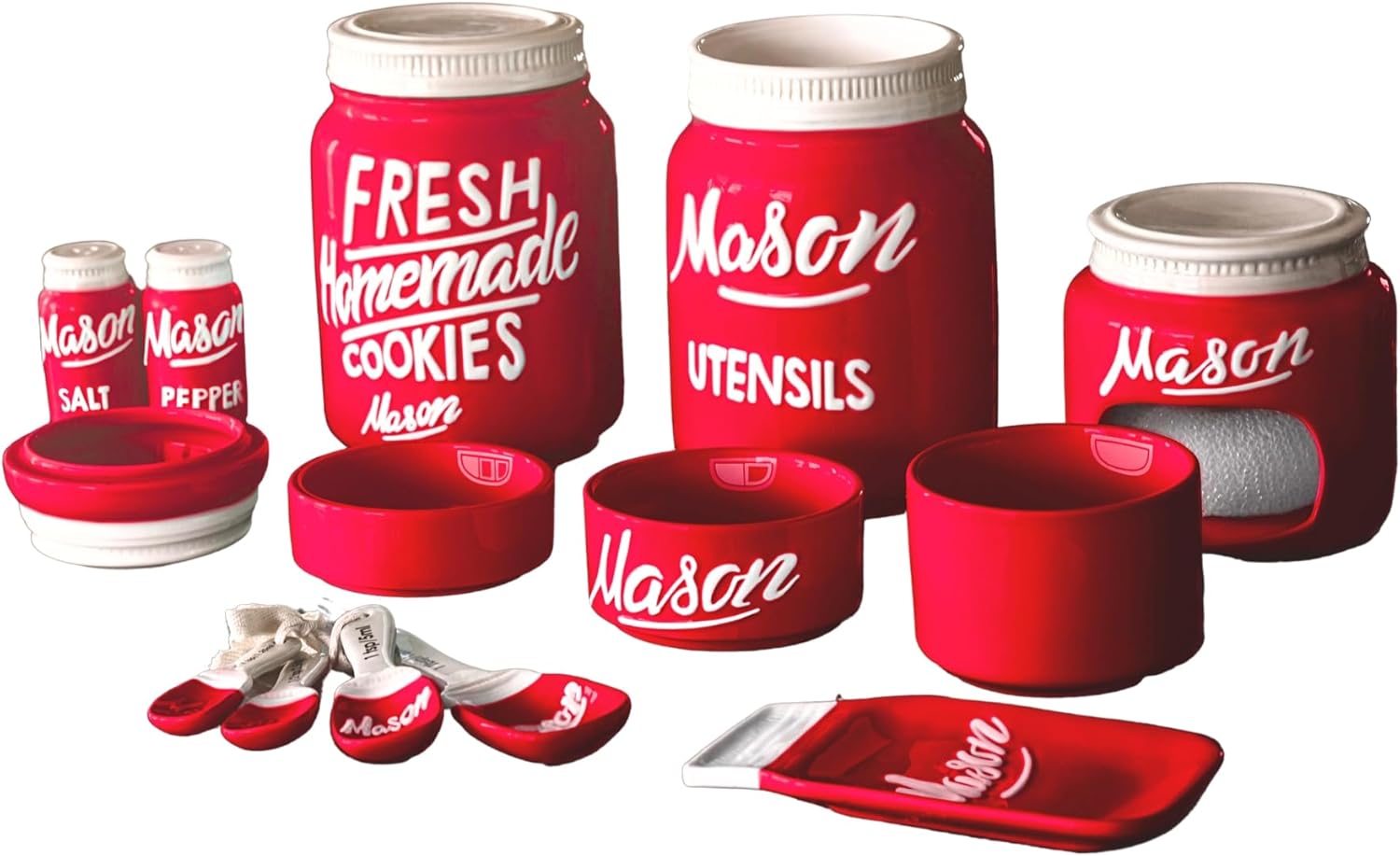 Farmhouse Canisters Sets for the Kitchen - Mason Jar Ceramic Kitchen Utensil Holder, Spoon Rest, Cute Cookie Jar, Salt & Pepper Shaker Sets, Sponge Holder, Measuring Cups & Spoons (Red, 17-Pc Bundle) Red 2