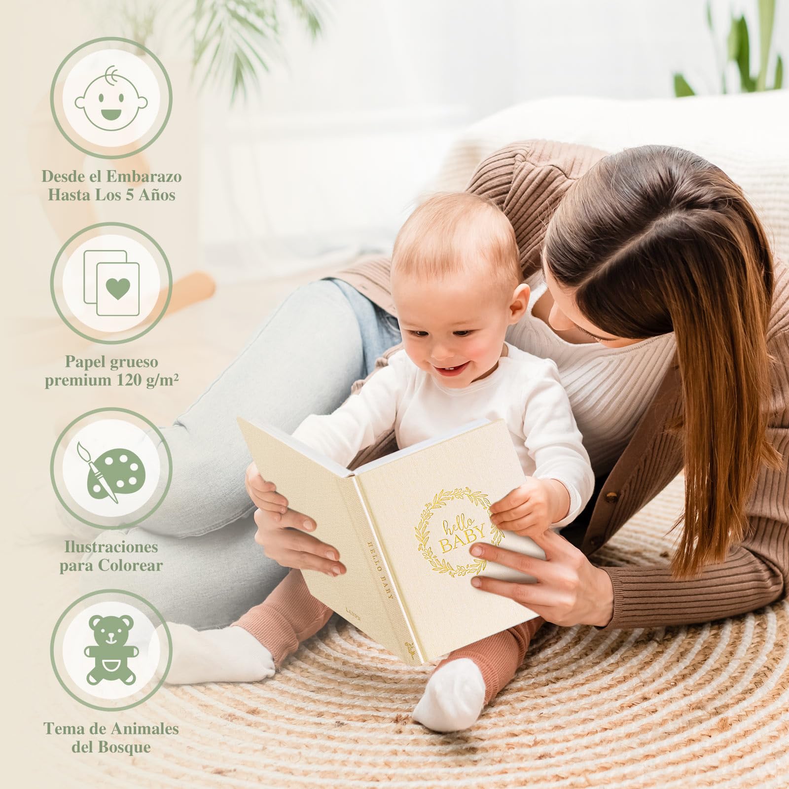 Lanpn Album Bebe Primer 5 Año para Niño Niña, Libro Recuerdos Bebé para Pegar Fotos y Escribir, Hello Baby Libros Cuaderno Diario Álbum Fotos Bebe Regalo Recién Nacido (Beige,154 Páginas, Inglés)