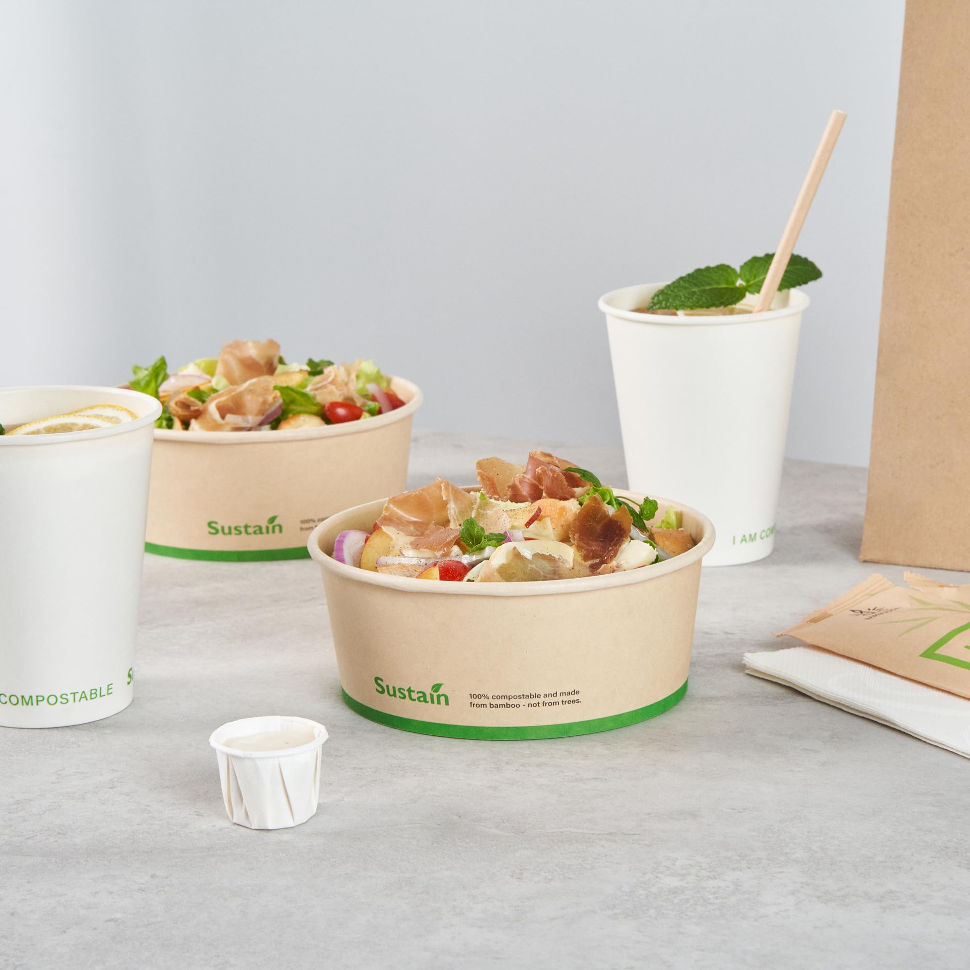 Restaurantware - Cajas de papel resistentes de 25 onzas, 50 recipientes redondos para alimentos, con forro de ácido poliláctico, compostables, contenedores de papel de bambú, desechables, a prueba de