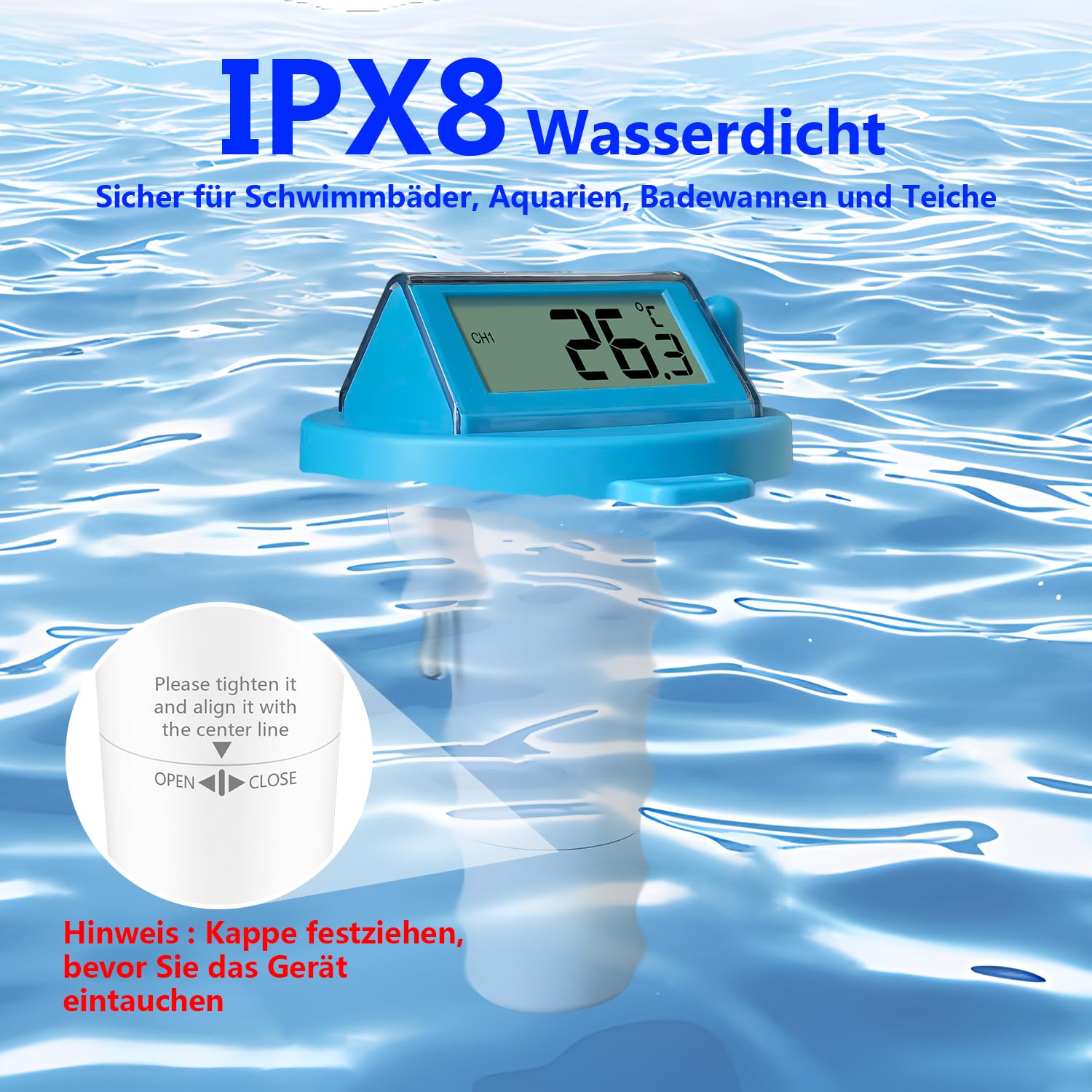 KETOTEK Poolthermometer Funk Schwimmendes Digitaler Wassertemperaturmesser für Schwimmbad, 60m Reichweite, IPX8 wasserdicht Präzises Thermometer für Badewanne, Teich, Aquarium