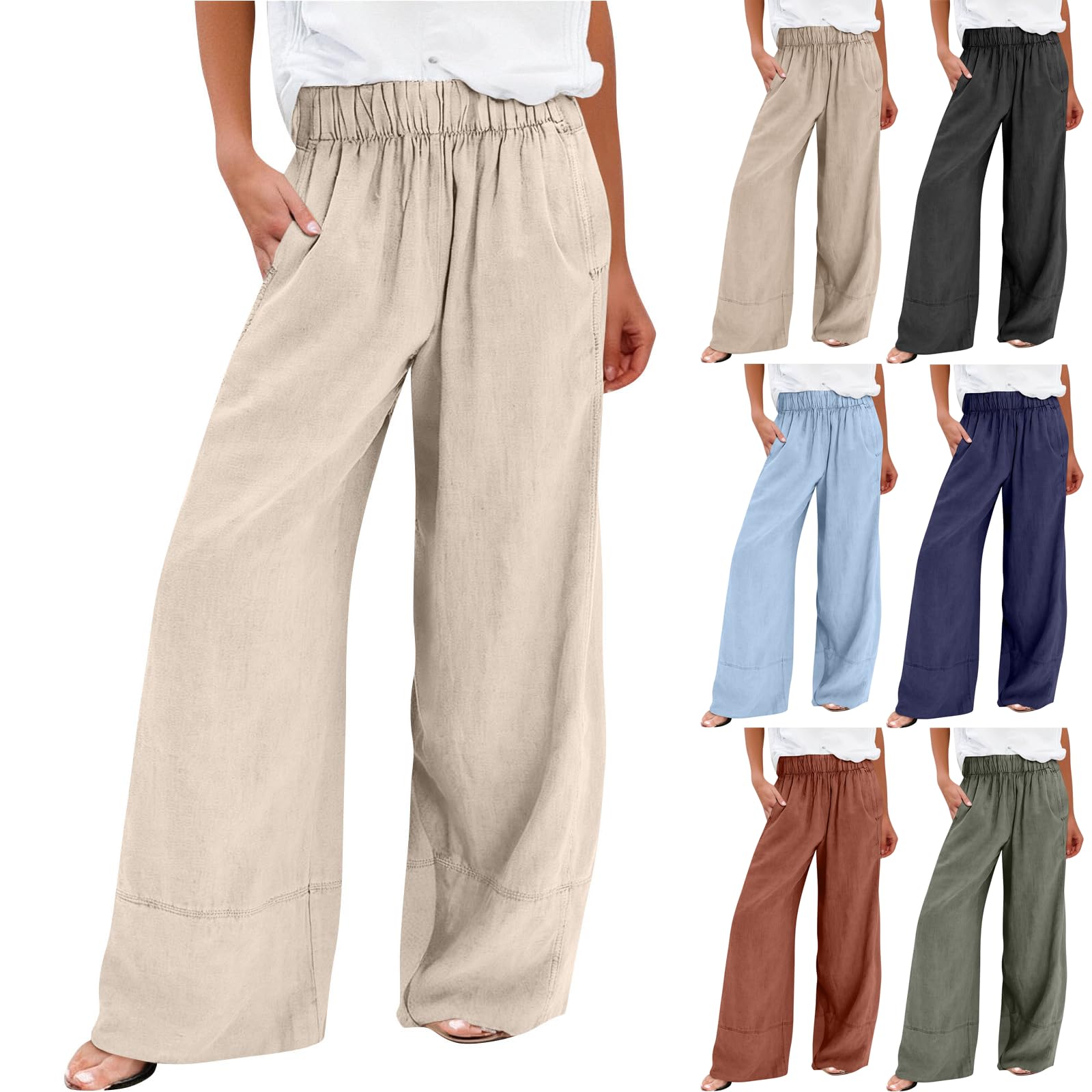 Linen Pants for Women Elastic Waist Baggy Dressy Palazzo Office Pants Casual Lightweight Wide Leg Trousers with Pockets Loose Comfort Gauze Vacation Beach Pant Plus Size Ladies Work Summer Pant