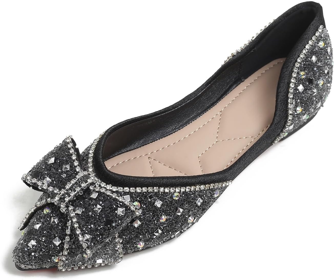 (size unknown )flats shoes women rhinestone wedding flats comfort pointed toe ballet flat shoe low heel dress shoes sparkly flats for women 7 black-2