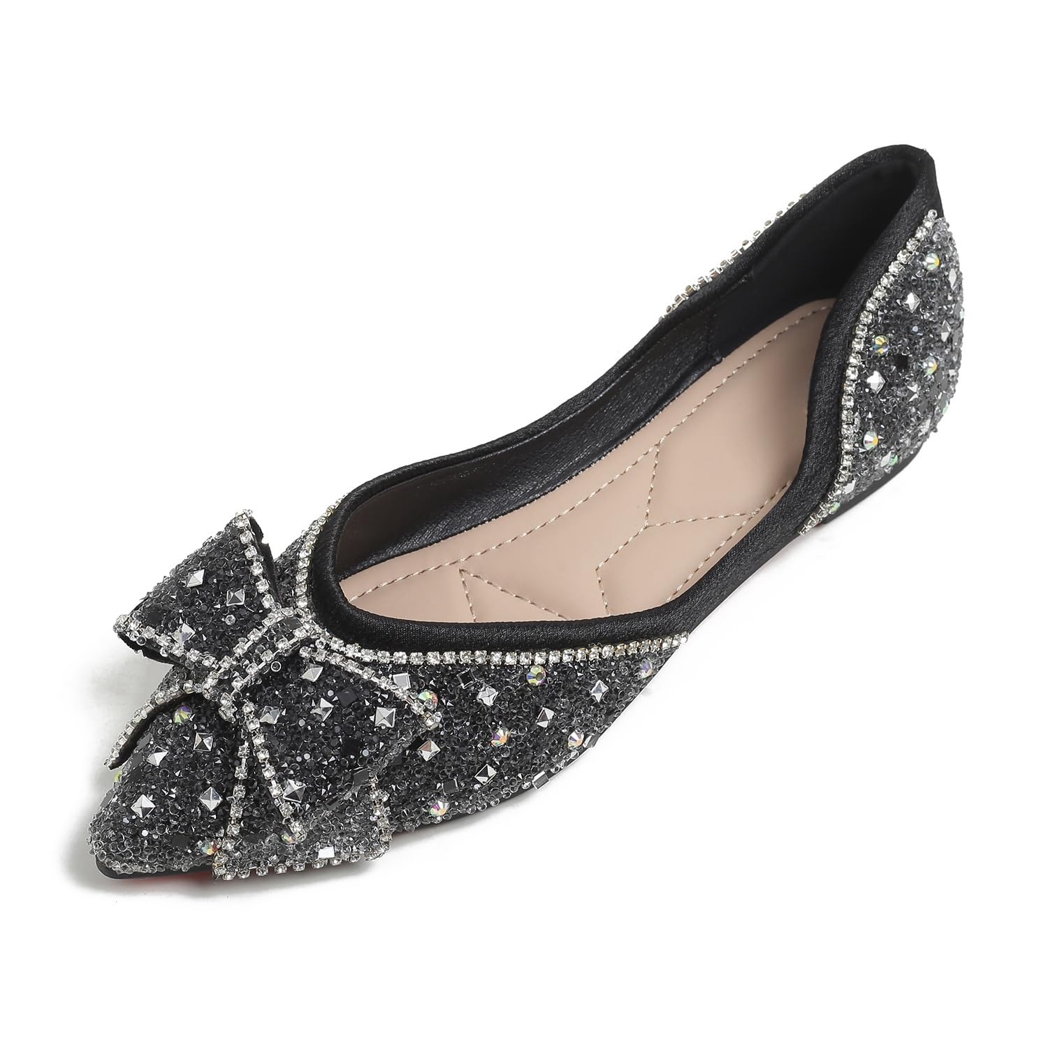Flats Shoes Women Rhinestone Wedding Flats Comfort Pointed Toe Ballet Flat Shoe Low Heel Dress Shoes Sparkly Flats for Women 8 Black-2
