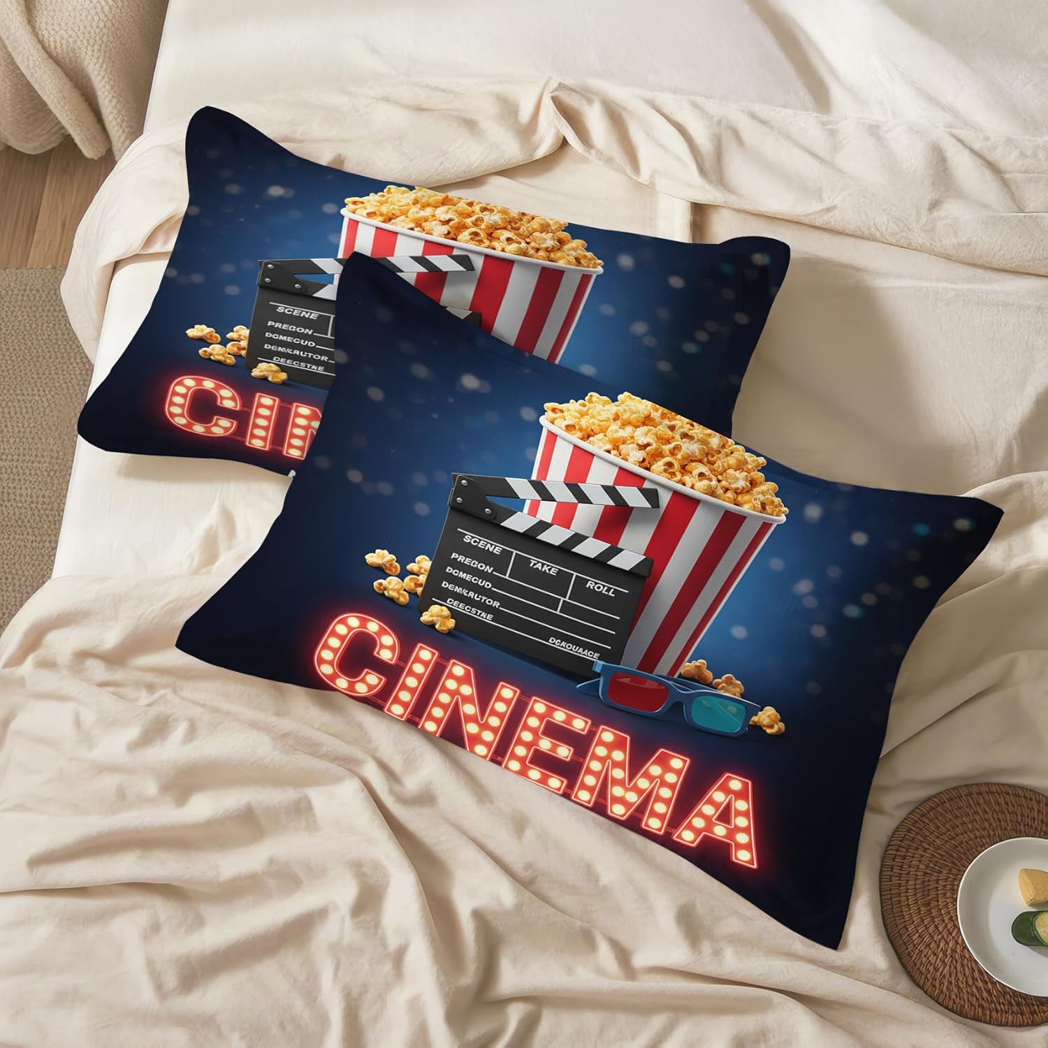 Movie Theater Pillowcases Queen Size Set of 2 - Popcorn Cinema Pillow Cases with Envelope Closure, Clapperboard Decorative Pillow Covers for Bed Couch, Soft Breathable Microfiber