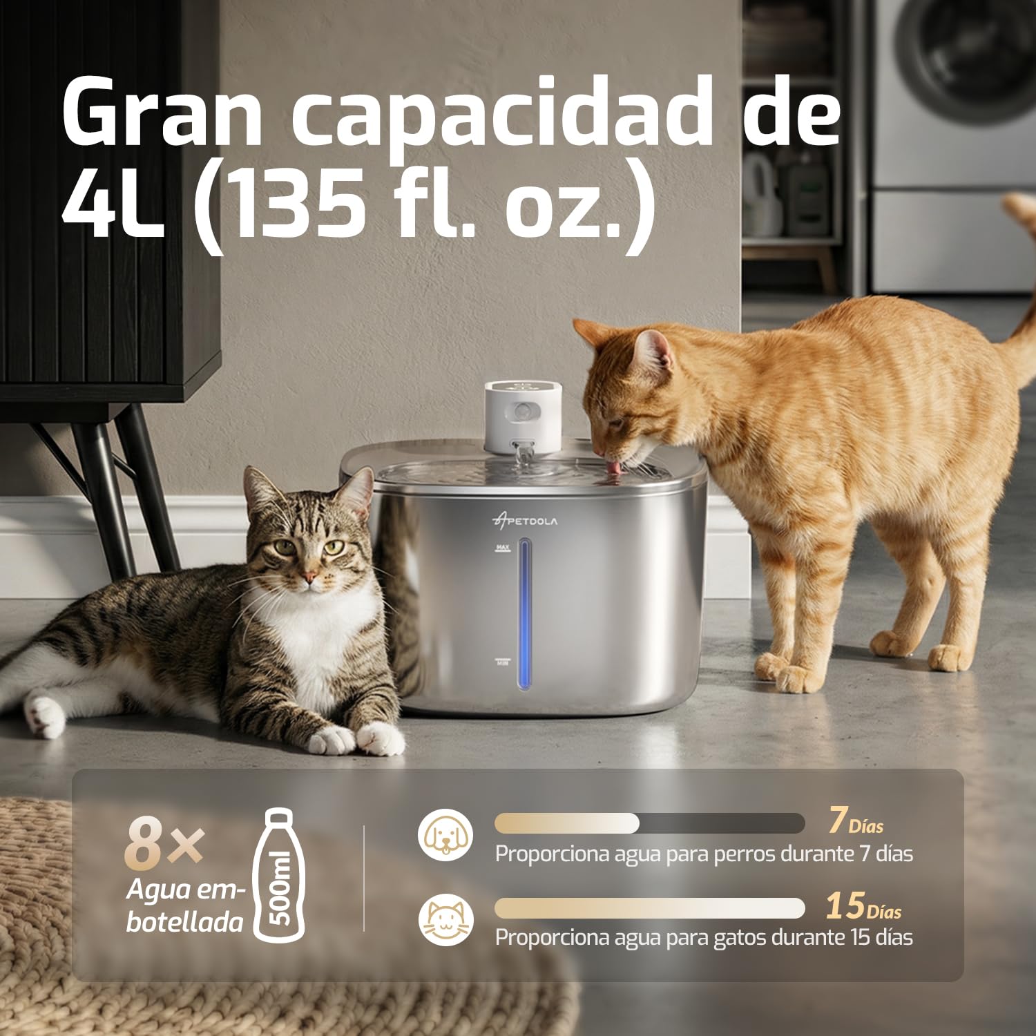 Fuente para mininos Acero Inoxidable, Bebedero mininos, 4L Fuente Agua mininos con Sensor Automático, Bebedero mininos Ultra Silenciosa con Batería de 4000 mAh, FS10pro (Blanco, 1 Filter)