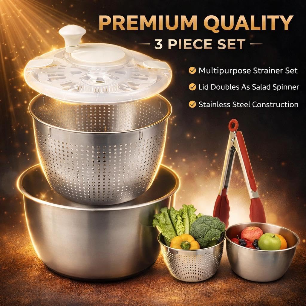 6L Stainless Steel Salad Spinner with Bonus Tong – Large Vegetable Spinner, Fruit Washer & Lettuce Dryer, Dishwasher‑Safe Stainless Salad Spinner with Strainer Bowl for Greens, Pasta & Small Fruits