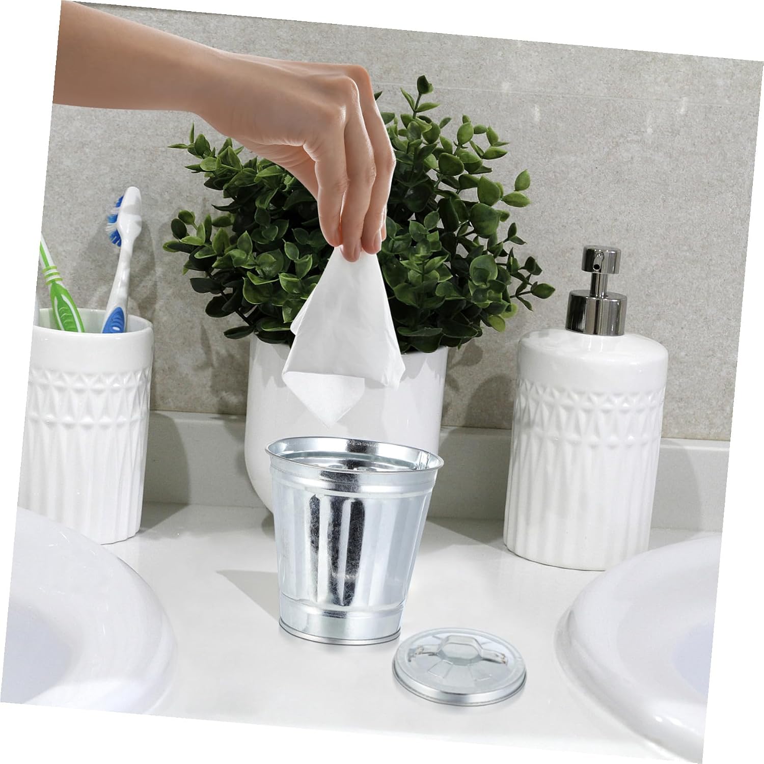 3pcs Mini Desktop Trash Can Flowerpot with Lid 9.5x9x9cm Natural Color Waste Container Storage Bin for Office Home Desk Organization