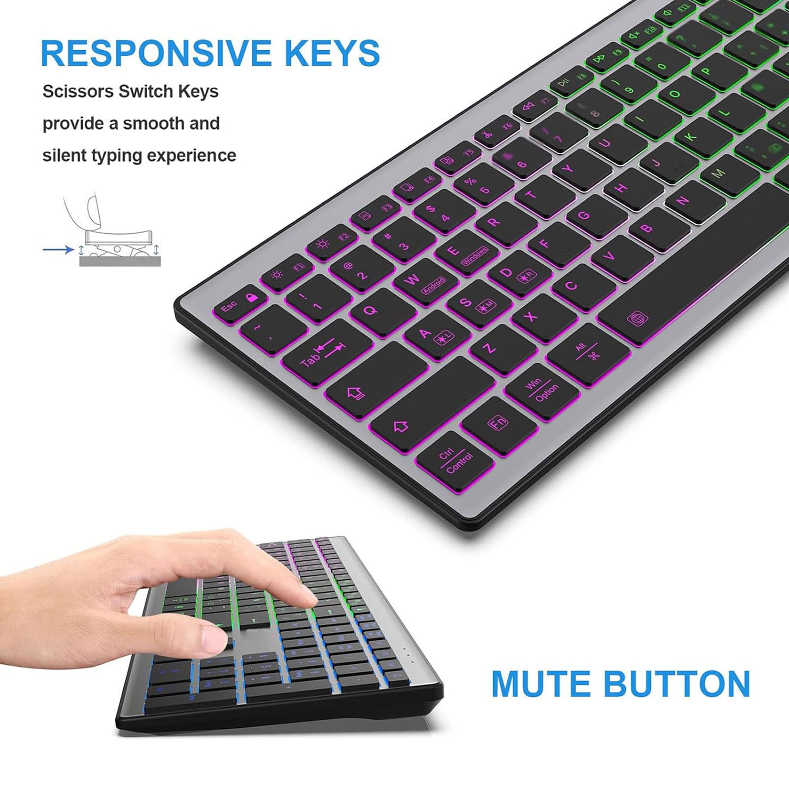 Jectse Tastiera Wireless a 110 Tasti, Retroilluminata RGB, Ricaricabile, con Interruttori a Forbice Silenziosi a Basso Profilo, per IOS, e macOS.