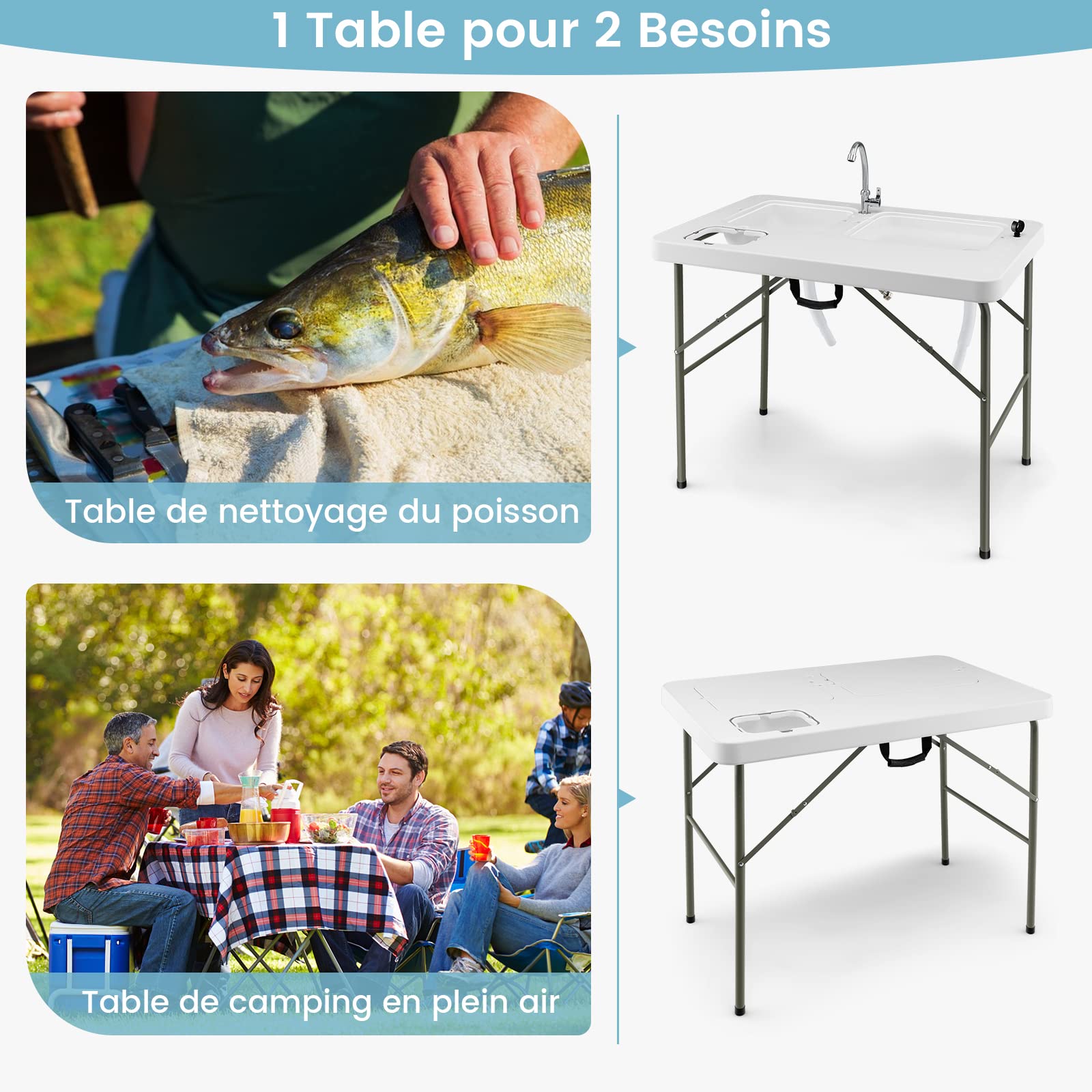 GYMAX Évier de Nettoyage de Poisson de 4 Pieds, Table Pliante avec Robinet, 2 Bassins d'eau, Corbeille à Déchets et Marques de Mesure, Évier de Cusine, Blanc