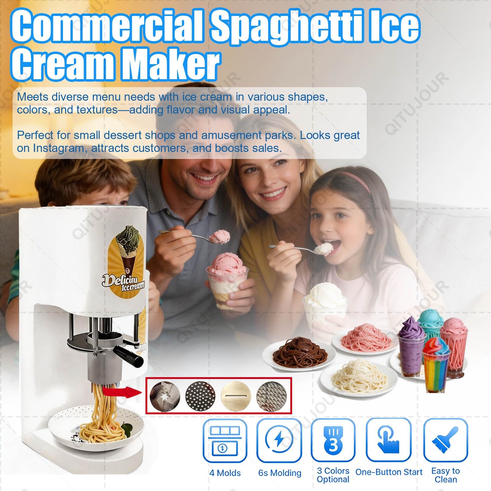 Macchina per Gelato a Forma Di Spaghetti, Con 4 Stampi Intercambiabili, Design Salvaspazio, Funzionamento Con Un Solo Tocco, Facile Da Pulire, Macchina Professionale per Dessert Soft Serve(C)