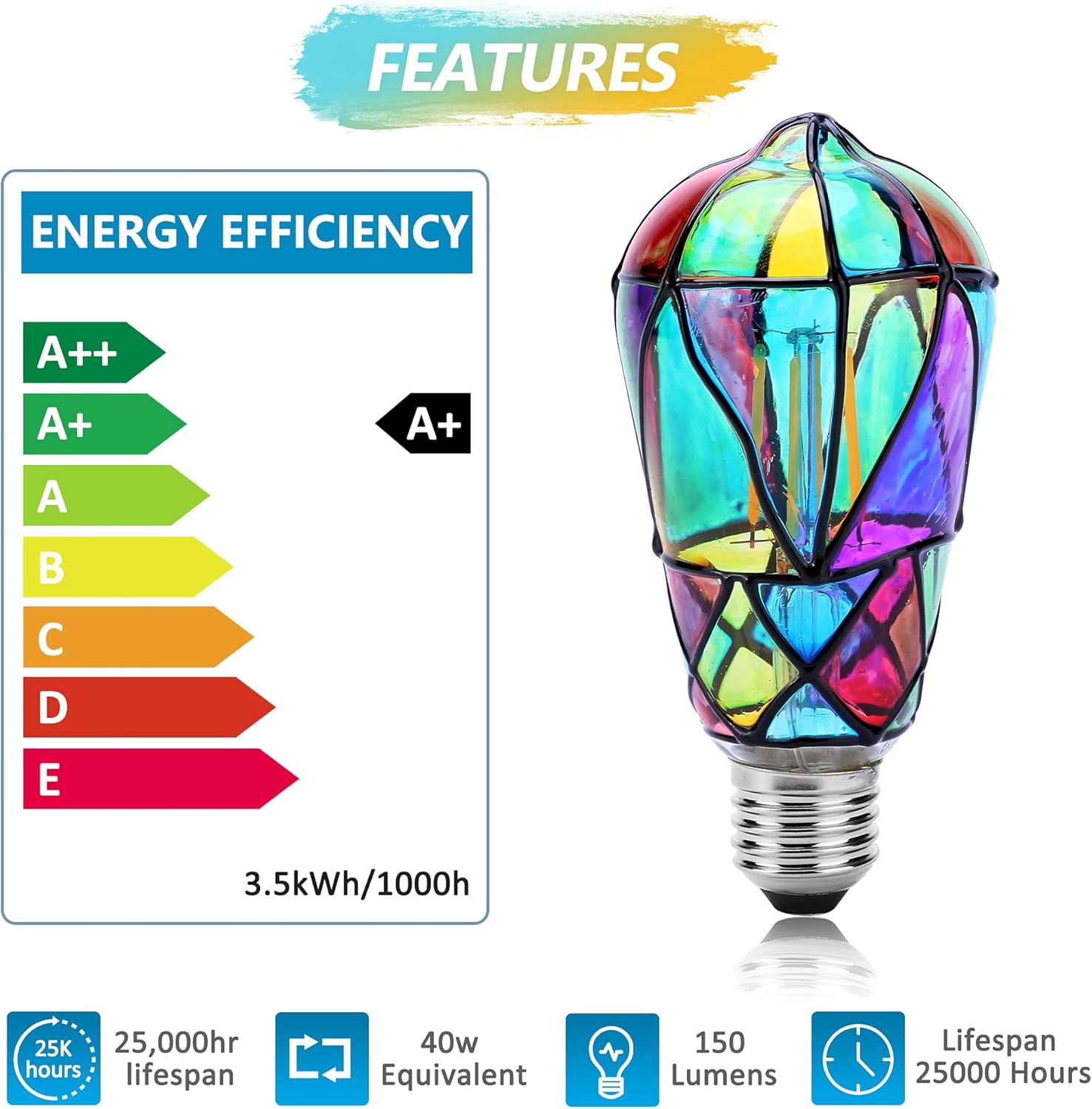 E27 Edison Light Bulb 2 Packs Stained Glass Screw Decorative Bulb 3.5W ST64 LED Filament Bulb Replacement for Bedroom Living Room Home Christmas Decoration Halloween - Image 4