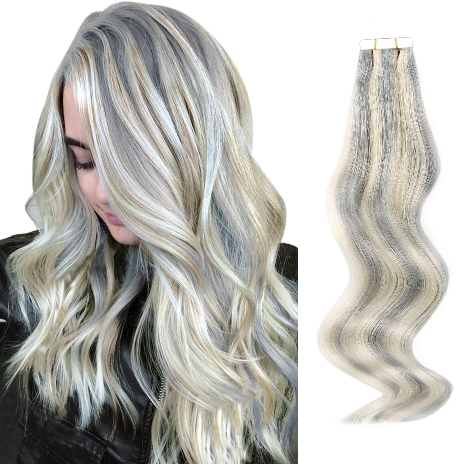 ABH AMAZINGBEAUTY HAIR Tape in Hair Extensions Real Human Hair Silver Gray Highlighted Platinum Blonde Tape Hair Extensions Color P#Silver-60 Straight Seamless Skin Weft 16 Inch 50g/pack 20pcs