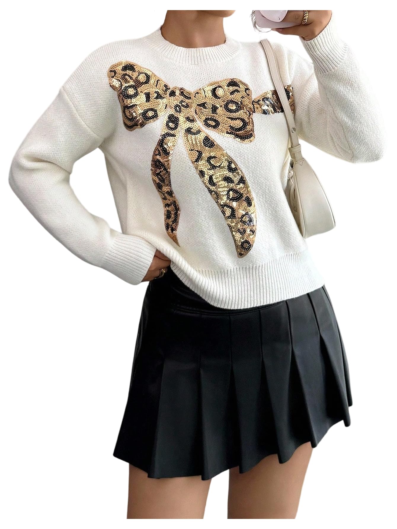 Womens Y2k Sequin Leopard Print Bow Sweater Long Sleeve Crew Neck Knitted Fall Sweaters