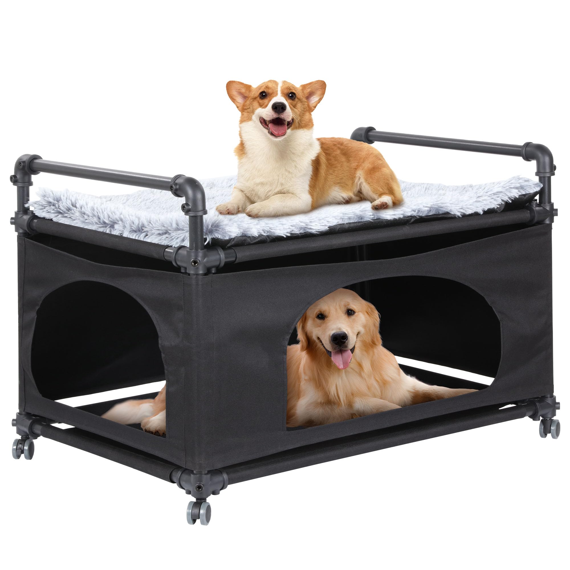 HOMBYS Black Dog Bunk Beds for Large Dog,Raised Dog Bed Attachment to Human Bed,Bedside Dog Bed with Plush Faux Fur Dog Pad, Dog Bassinet Bedside Sleeper,Elevated Pet Bunk Bed,Bed Extender for Dogs