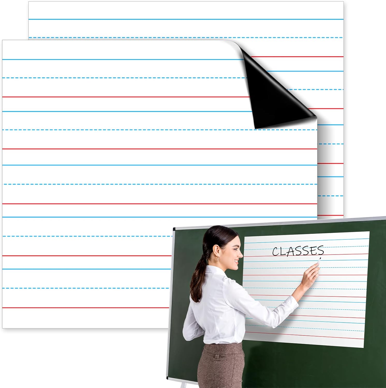 Patelai 2 Pcs Jumbo Magnetic Notebook Paper for Classroom Large Magnetic Handwriting Lined 22 x 17 Inch Dry Erase Sentence Strips for Whiteboard Accessories Dry Erase Notebook Poster for Teacher