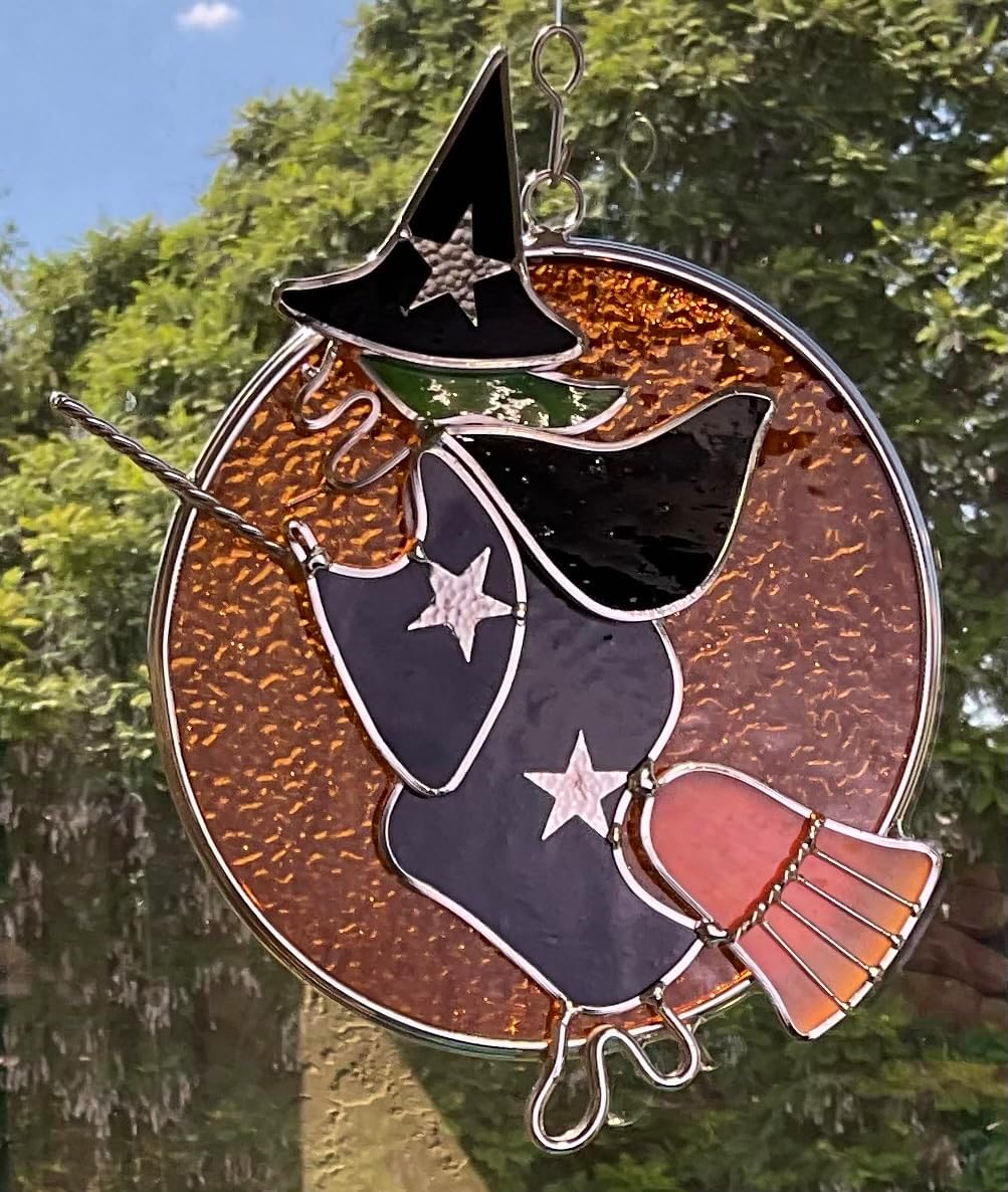 Moon Witch on Broom Suncatcher – Real Stained Glass Halloween Decor – Silver Finish – 7x6 Inches – from Juhlin Glass Studio