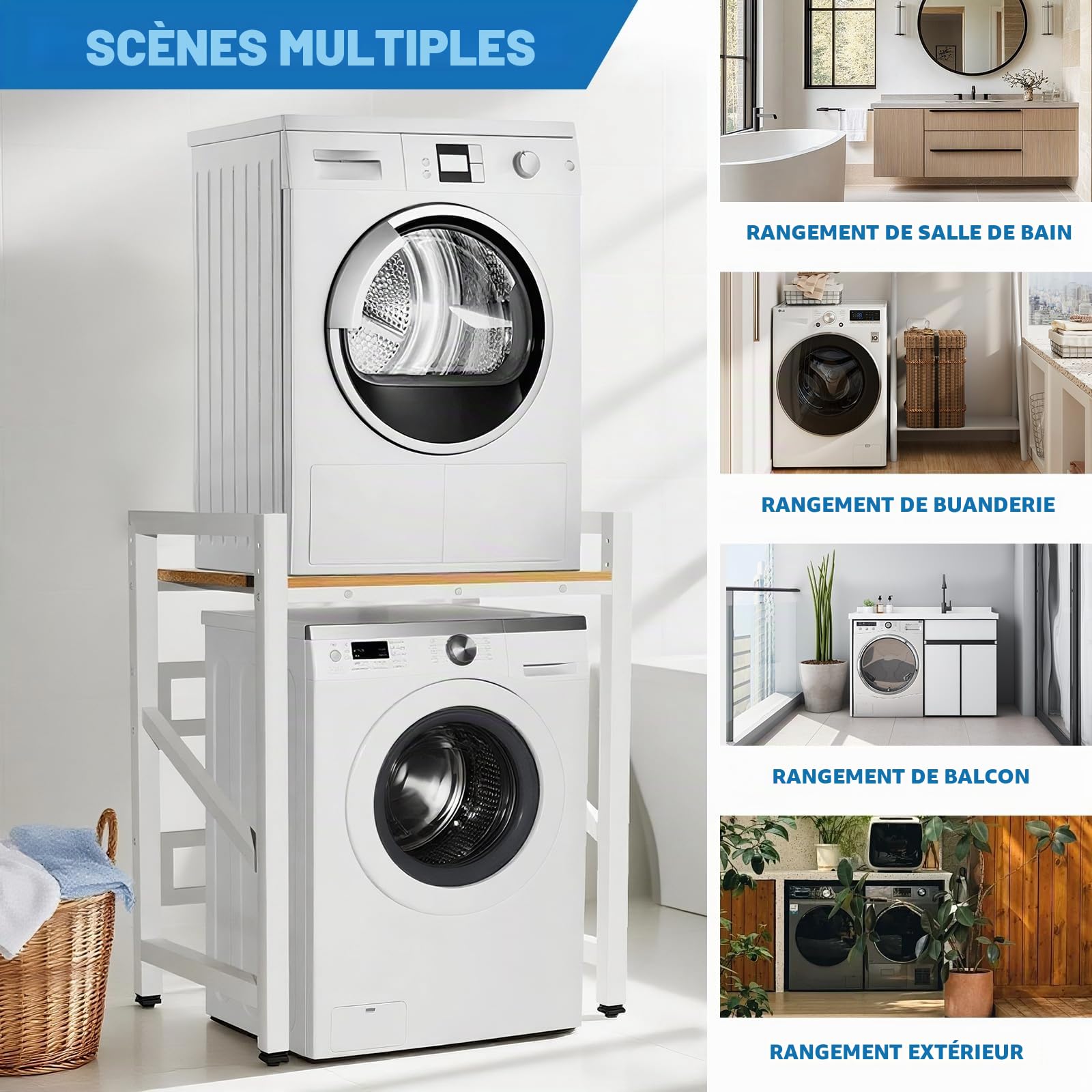Meuble machine à Laver et seche linge, 3 Hauteurs Réglables, Superposition Lave Linge Seche Linge, Capacité Charge 300kg pour Buanderie Salon Salle De Bain Cuisine Balcon (Blanc)