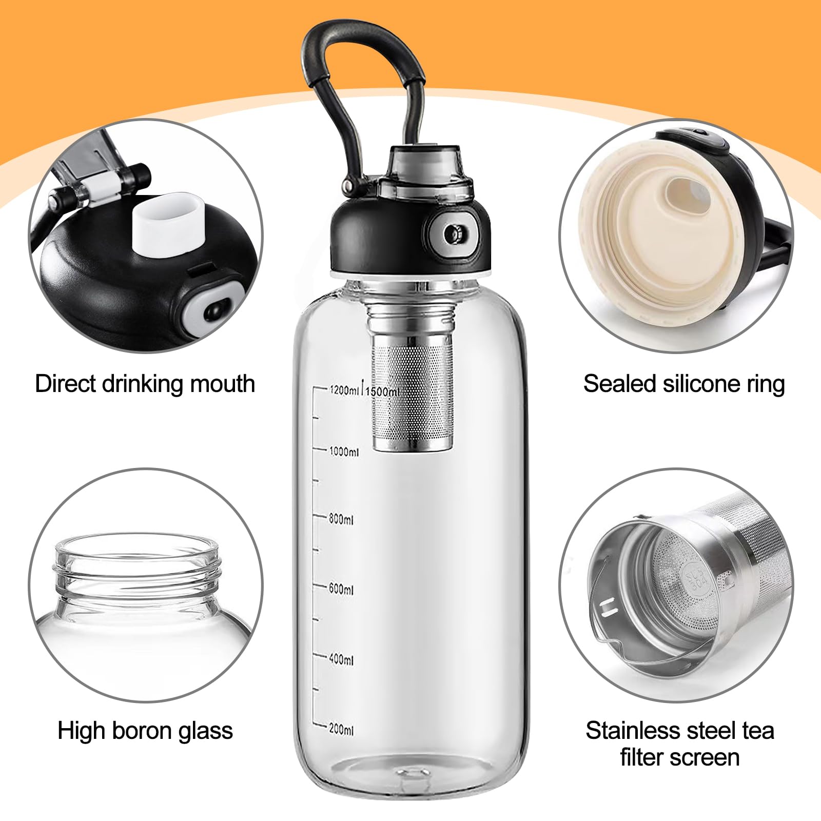 Trinkflasche Glas 1500ml, Trinkflasche 1,5 Lite Mit Teeabfluss, Glasflasche 1,5 Liter Mit Deckel, Wasserflasche Aus Borosilikatglas, Sport Wasserflasche, Für Outdoor, Arbeit, Tee, Getränke, Wasser Sport & Freizeit