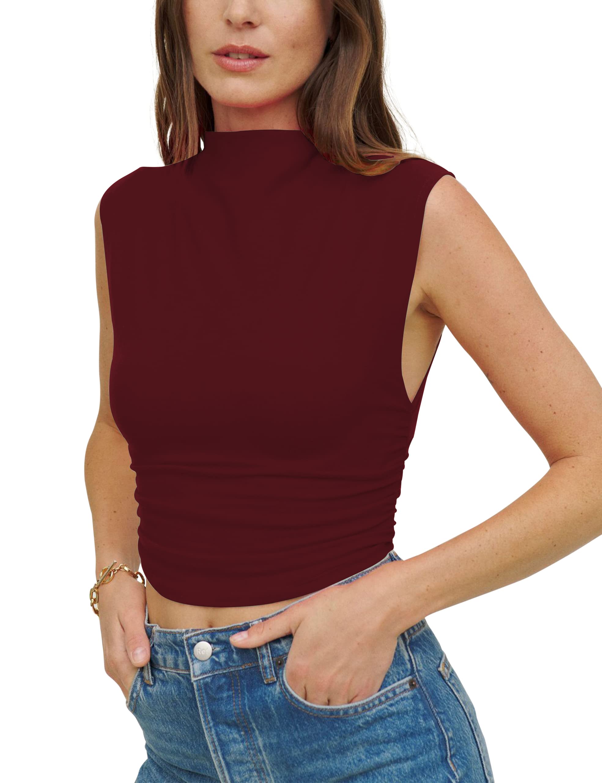 KAMISSY Women Workout Mock Neck Ruched Crop Tank Top Casual Turtleneck Sleeveless Slim Fitted Crop Tops Athletic Yoga Running