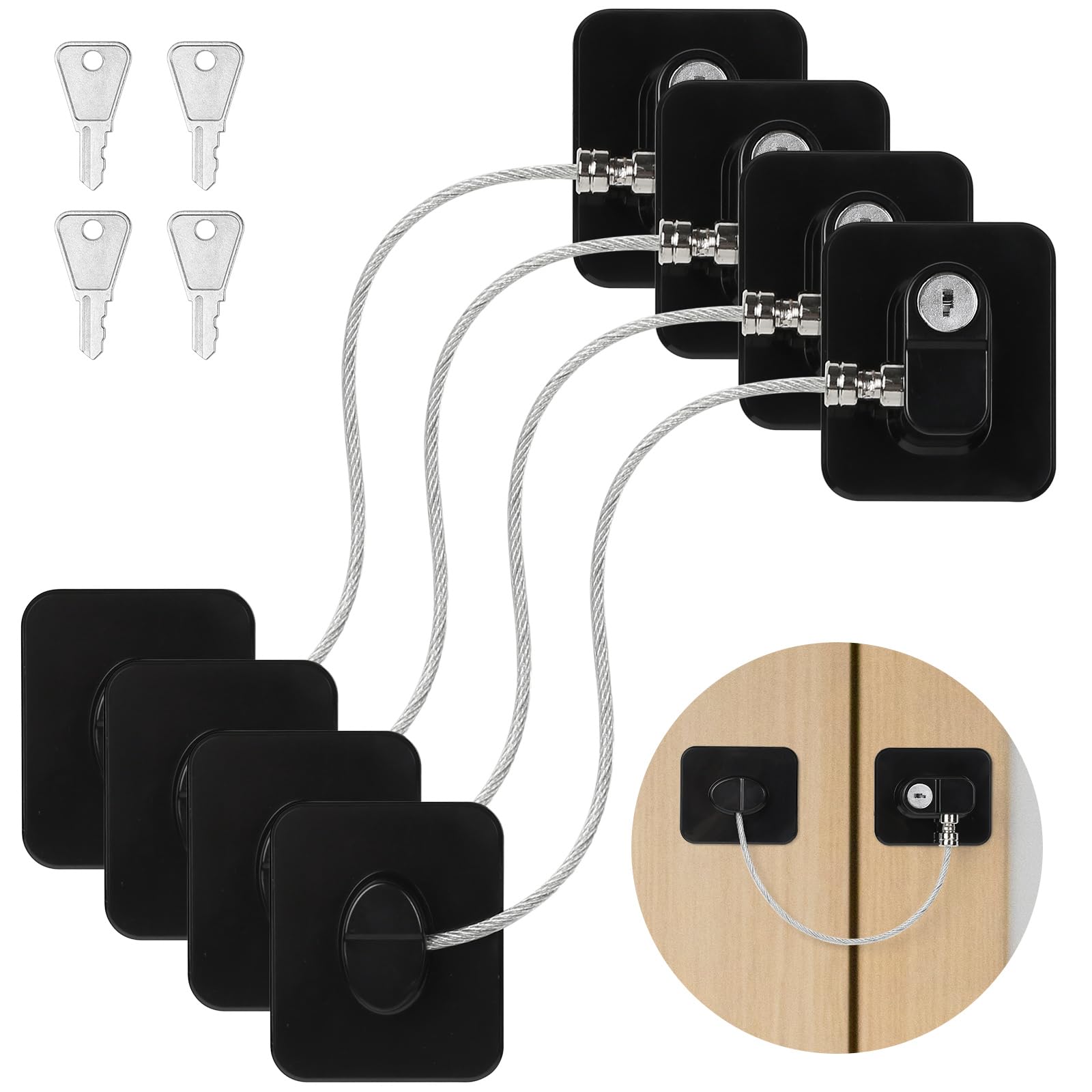 MirraSwit 4 Stück Kühlschrank Schloss, Schwarz Kühlschrankschloss Ohne Bohren, Fenstersicherung für Kühlschrank Schrank, mit Bring vier Schlüssel für Waschmaschine, Kleiderschränke, Fenster