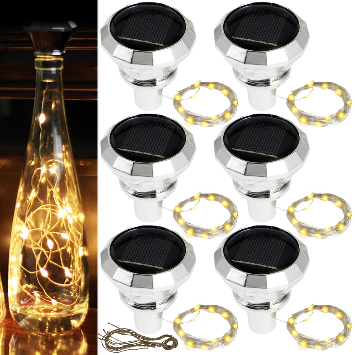 6Pack Solar Wine Bottle Lights, 2M 20 LED Copper Wire Fairy String Lights, IP65 Waterproof Decorative Lamp, Flexible Wine Bottle String Light, Auto On/Off for Wedding Christmas Party Decor(Warm light)