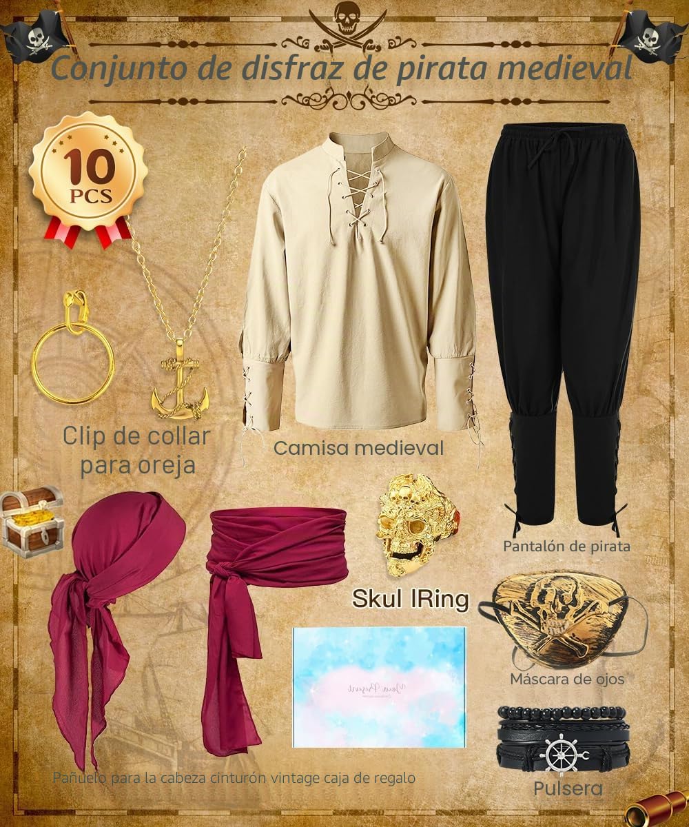 Disfraz Pirata Hombre, Disfraz Medieval Renacentista con Bandana Accesorios | Disfraces Carnaval Hombre, Regalo para Adultos, Disfraces de Pirata para Carnaval, Fiesta, Halloween y Cosplay