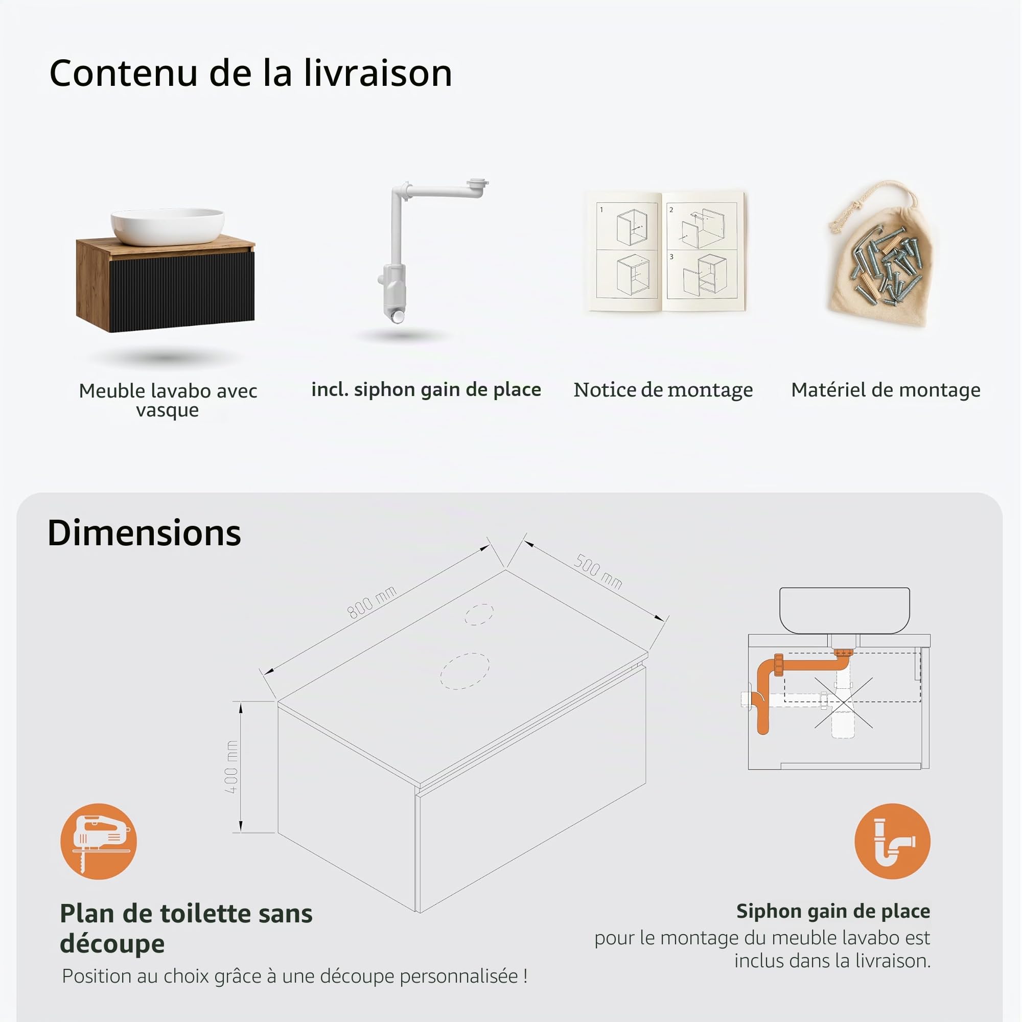 Planetmöbel Arisa Ensemble de meubles de salle de bain avec lavabo 80 cm chêne doré noir (strié), lavabo 60 cm blanc, avec siphon d'économie d'espace