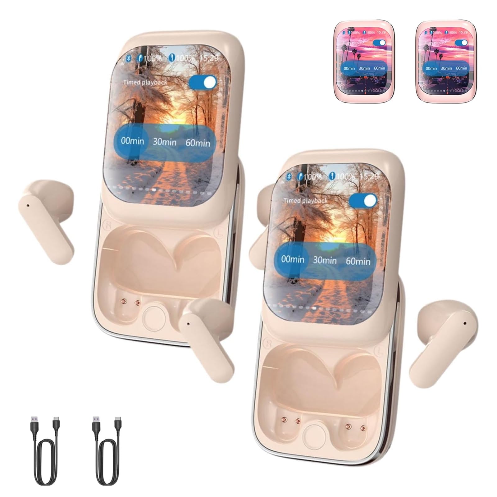 2024 New Intelligent Full-Color Touch Screen Slider Earphones, Slide Tws Earphones Wireless Earbuds Bluetooth 5.3, With Music/Game Modes (Pink x2)