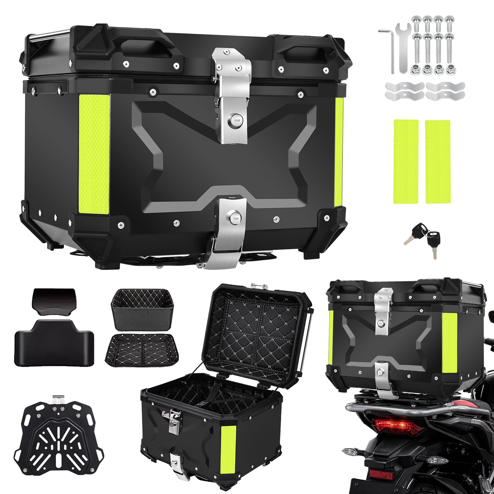 Baúl para motocicleta de aluminio de 45 L, 45 litros, maletín trasero impermeable universal, cierre rápido con cerradura, acolchado para la espalda, forro interior, caja trasera Enduro