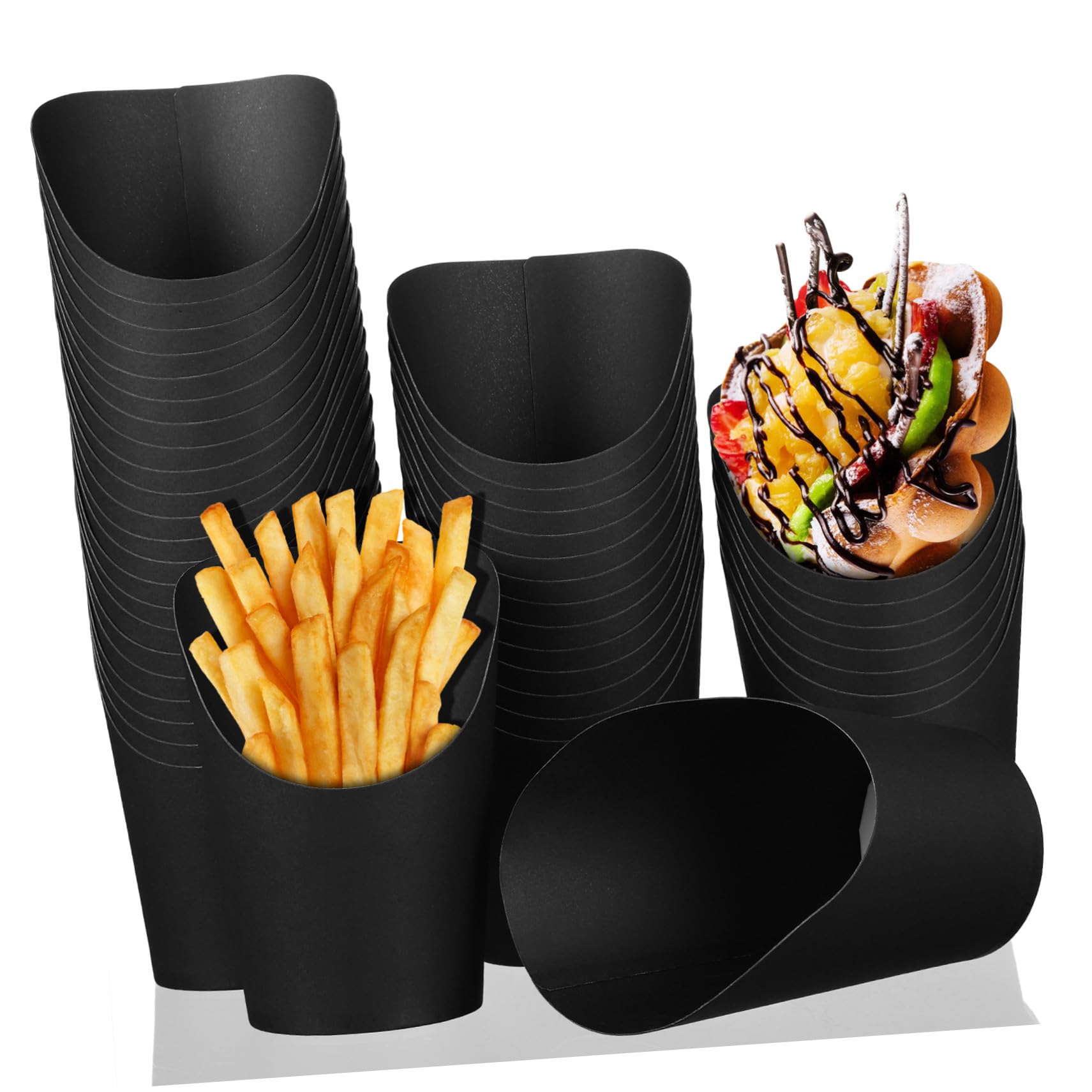 VANZACK 100 pezzi Bicchieri di Carta da 14oz con Apertura Obliqua per Patatine Fritte e Snack Contenitori Resistenti per Feste ed Eventi Neri 100 Pezzi