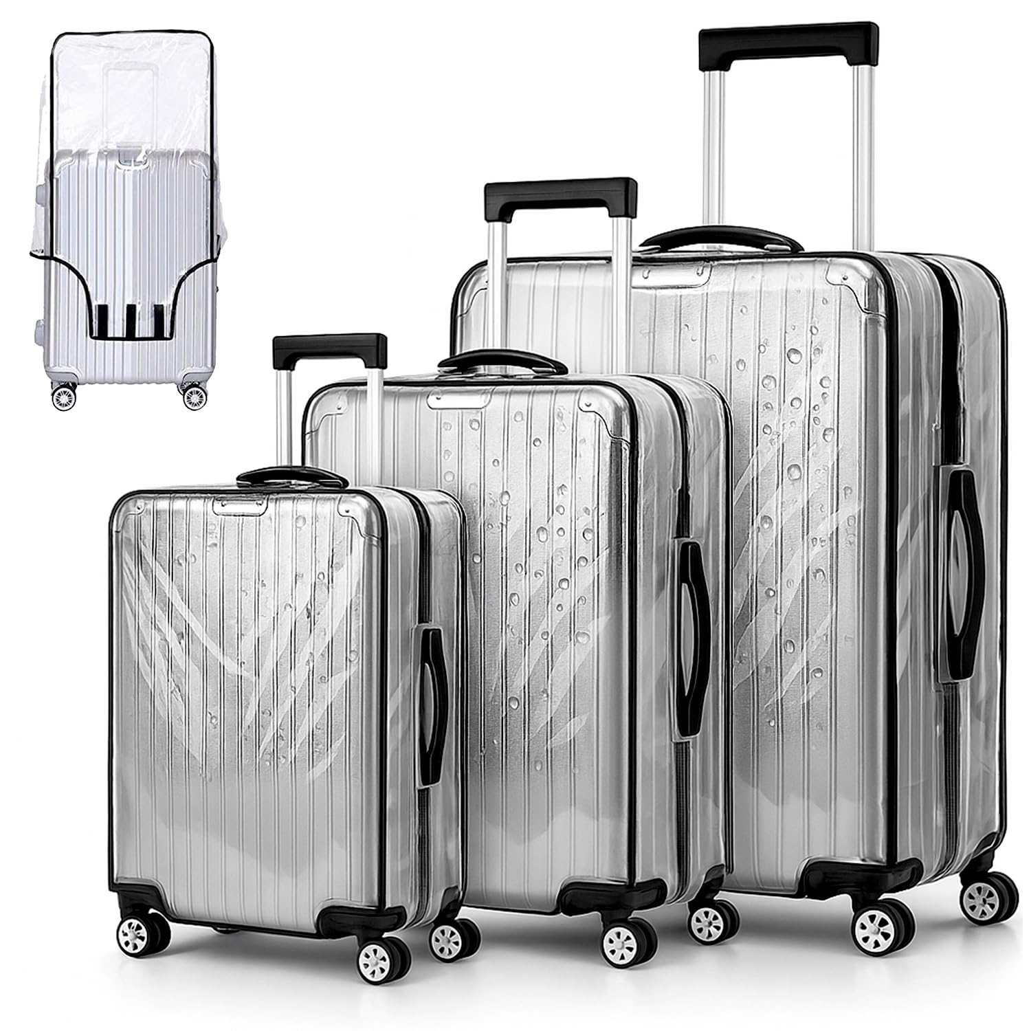 3Pcs Luggage Cover Protector Set - Clear PVC Waterproof, Dustproof, Anti-Scratch Suitcase Protector with Elastic Fit & Wheel Covers for 20, 24, 28 Inch Travel Luggage, Easy to Use