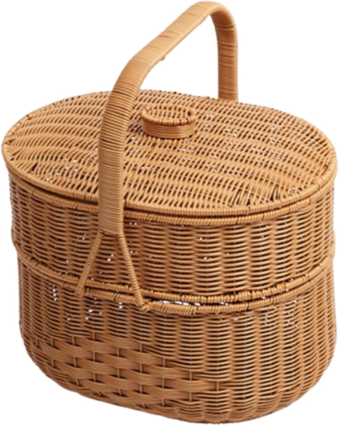 籐製収納バスケット 大容量 蓋付き 通気性デザイン 卓上整理 ショッピングバスケット ピクニック・観光用 おしゃれ 小物入れ 二重層