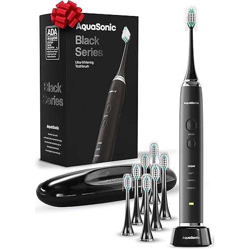 Aquasonic Black Series Ultra Whitening Toothbrush – ADA Accepted Electric Toothbrush- 8 Brush Heads & Travel Case – 40,000 VPM Electric Motor & Wireless Charging - 4 Modes w Smart Timer