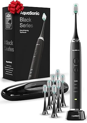 Aquasonic Black Series Ultra Whitening Toothbrush – ADA Accepted Electric Toothbrush- 8 Brush Heads & Travel Case – 40,000 VPM Electric Motor & Wireless Charging - 4 Modes w Smart Timer