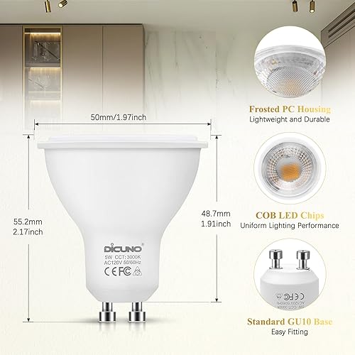 Miniatura 6 de DiCUNO Bombillas LED GU10 de 5 W, blanco cálido, 3000 K, 500 lm, ángulo de haz de 45 grados, foco, equivalente a bombillas halógenas de 50 W, luz