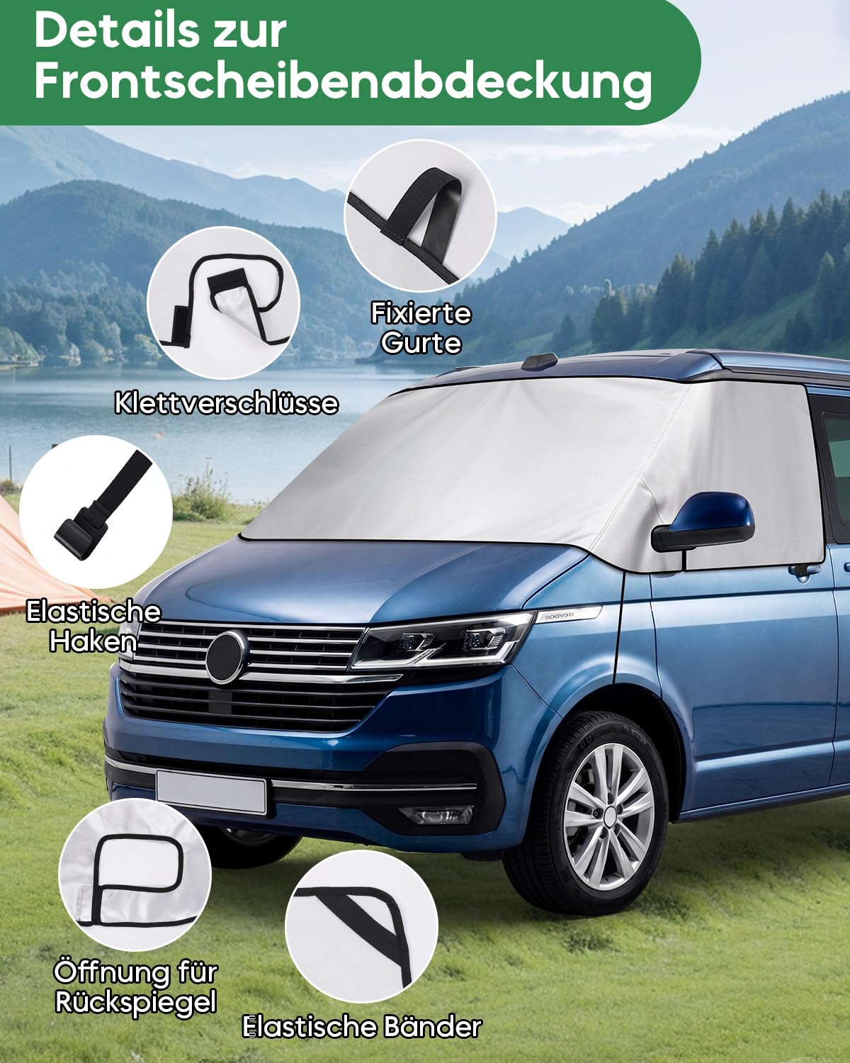 Couverture Pare-Brise Camping Car pour Volkswagen T5 T6 (2003-2022), Protège Pare-Brise Extérieur en 600D avec Doublure Douce, Imperméable & Anti-UV